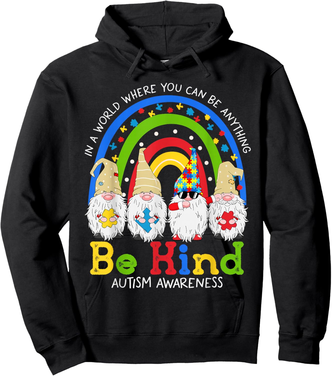 Rainbow Gnomes Be Kind Autism Awareness Month Puzzle Hoodie - Hoodie | Black
