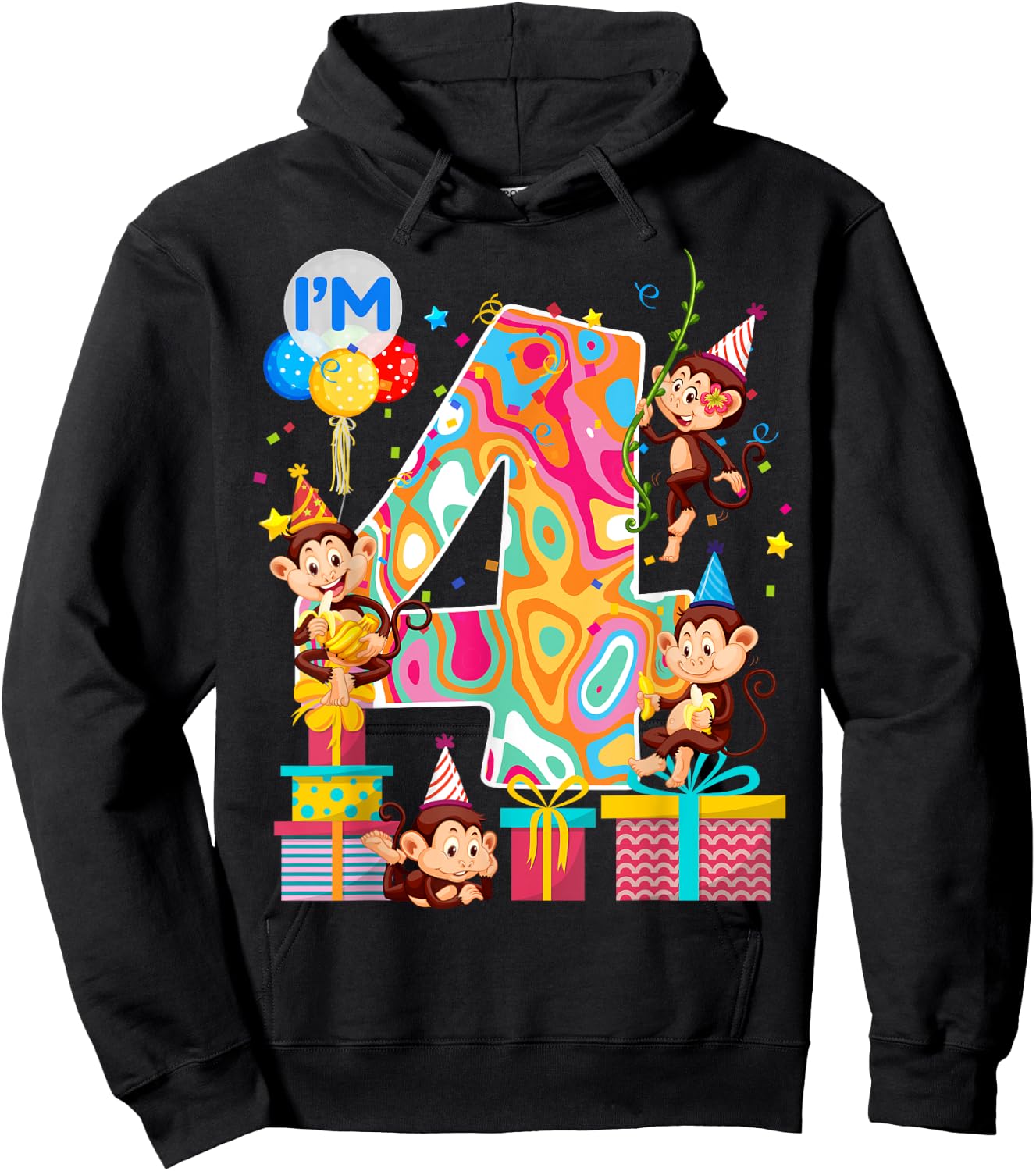 4th B-Day Monkey Birthday Zoo Animal 4 Year Old Funny Hoodie - Hoodie | Black
