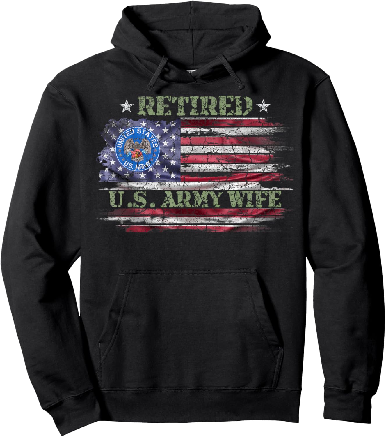 Vintage USA American Flag Proud Retired US Army Veteran Wife Hoodie - Hoodie | Black