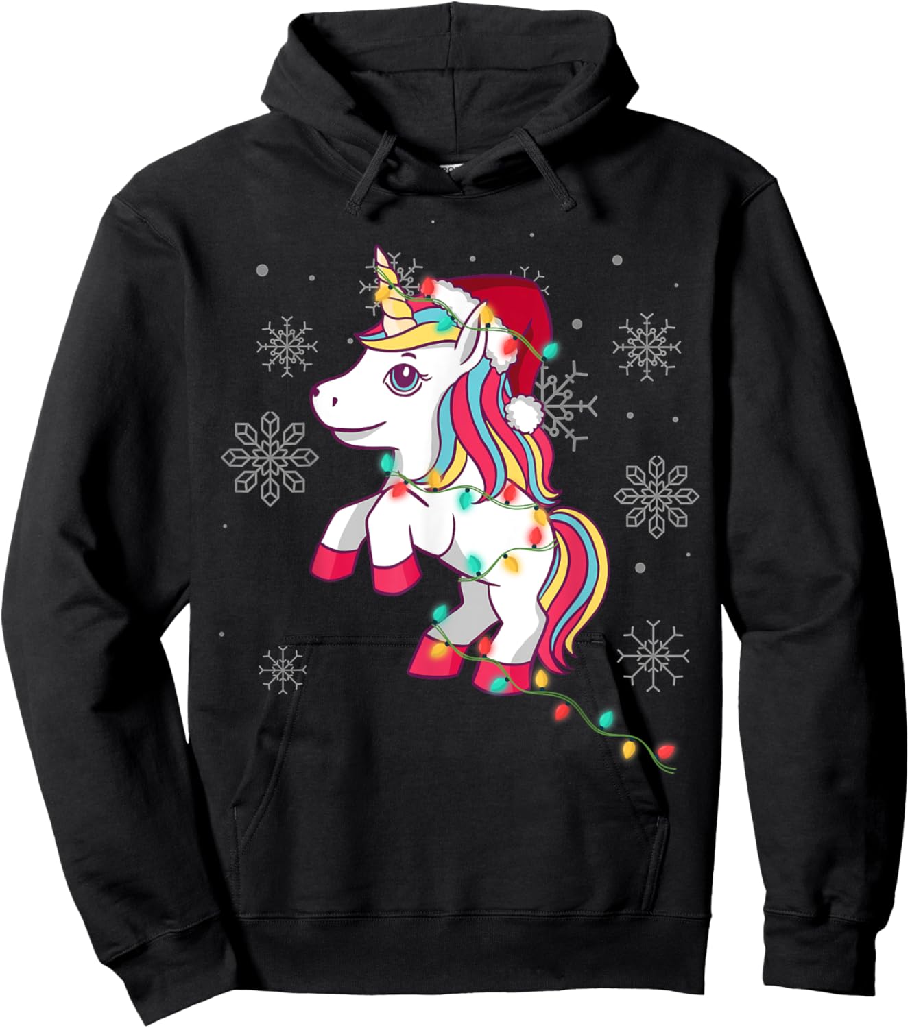 Cute Unicorn Christmas Lights for Girls and Women Christmas Hoodie - Hoodie | Black