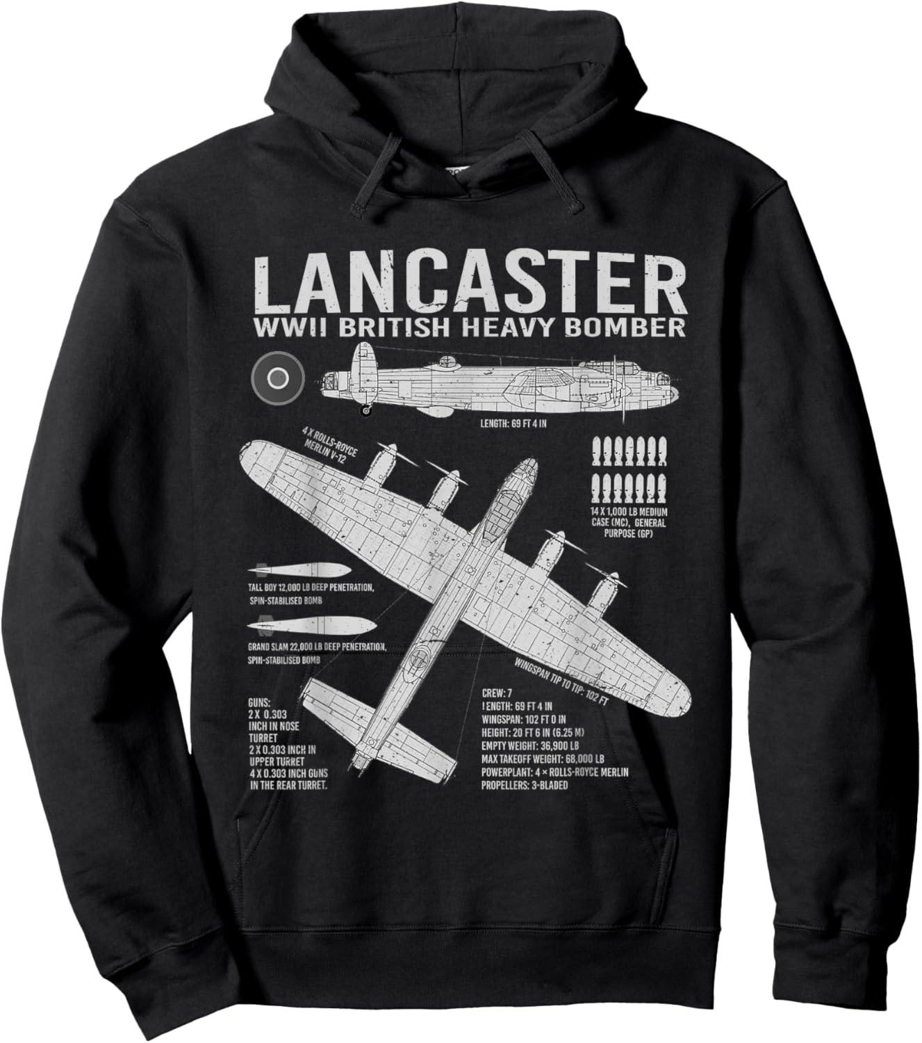 RAF Lancaster Bomber British Aircraft War Tarpaulin Blue Print Hoodie - Hoodie | Black