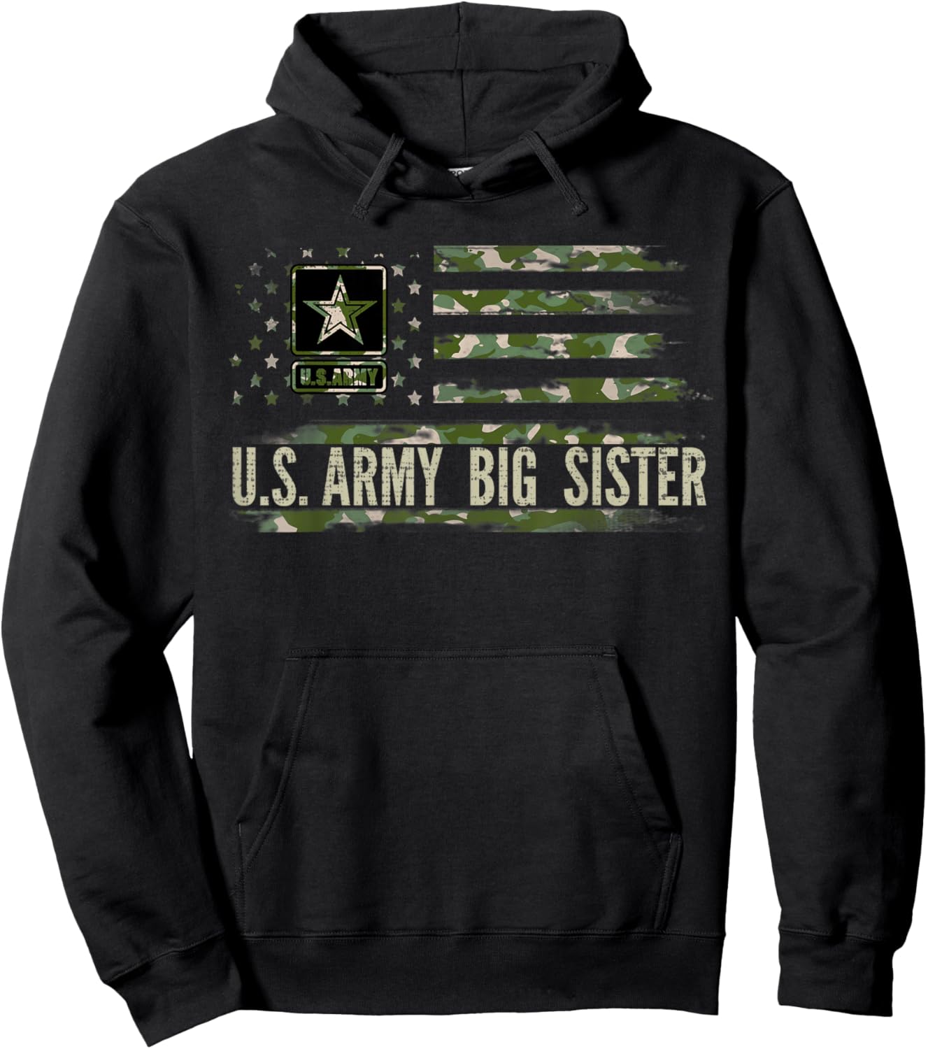 Vintage U.S Army Big Sister With Camo American Flag Veteran Women Kids Men Hoodie - Hoodie | Black