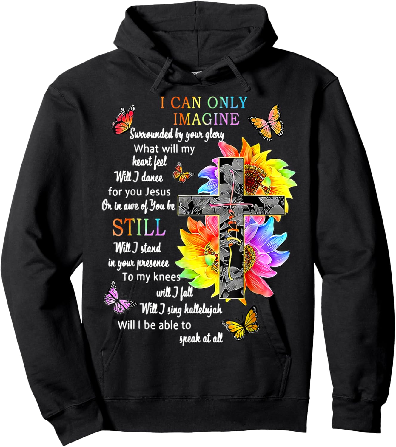 Sunflower Jesus Cross Butterfly I Can Imagine Christian Hoodie - Hoodie | Black