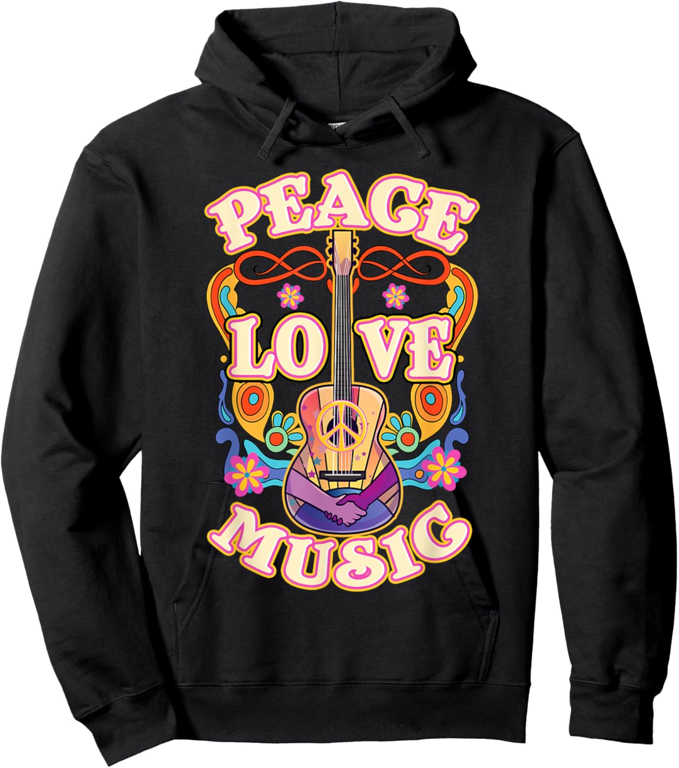 Retro Hippie Guitar Peace Love Music Hoodie - Hoodie | Black