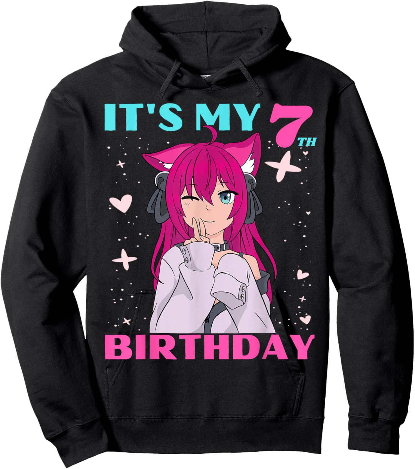 Anime Girl It's My 7th Birthday 7 Years Birthday Girl Kawaii Hoodie - Hoodie | Black