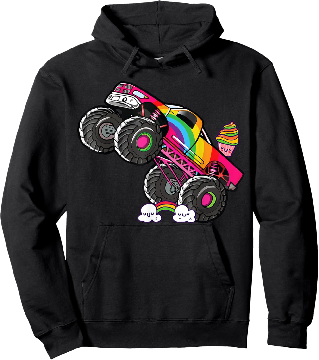 Girls Monster Truck Pink Rainbow Monster Truck Girl Women Hoodie - Hoodie | Black