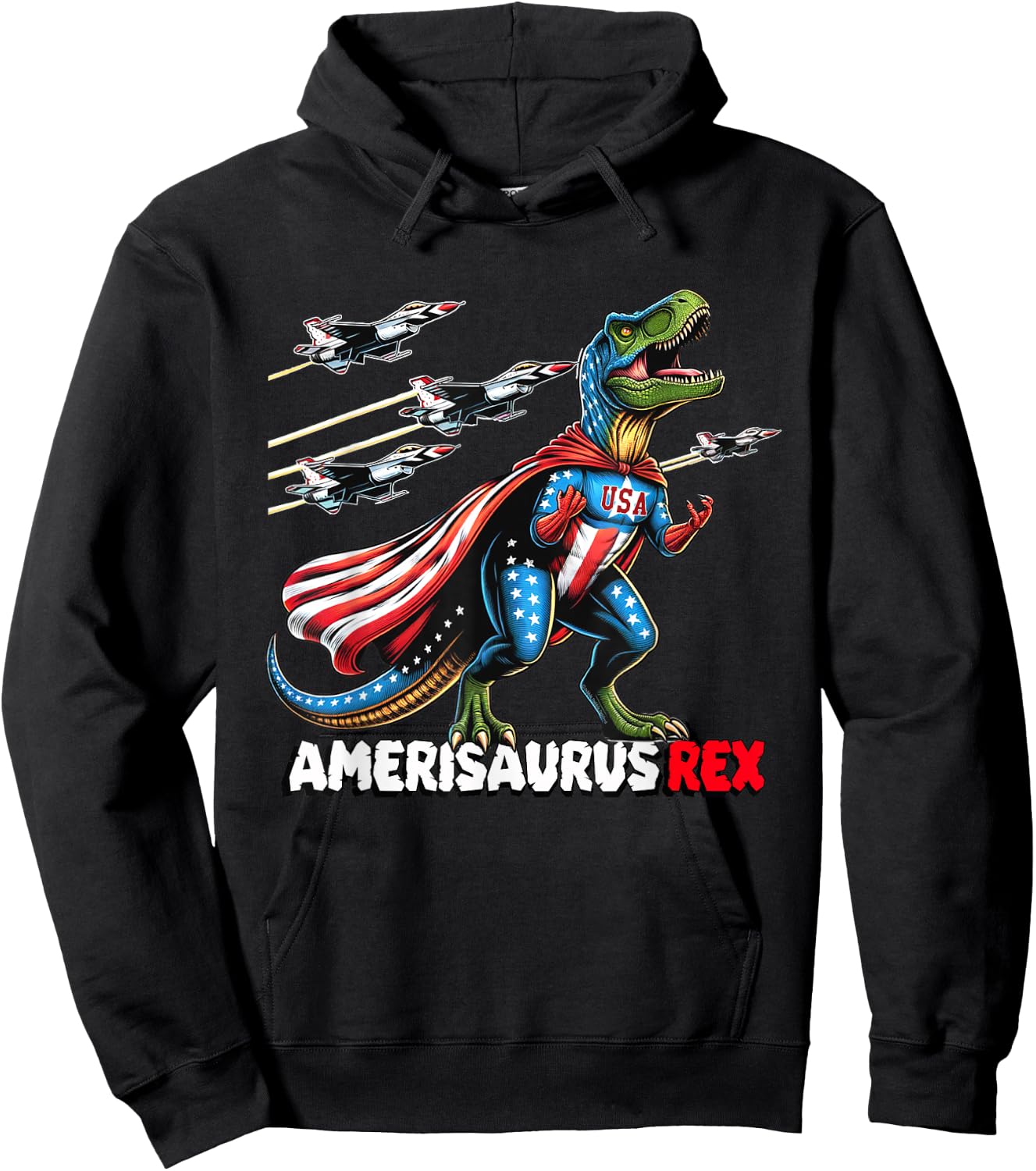 Amerisaurus T-Rex Patriotic Boys Girl 4th of July Flag Jets Hoodie - Hoodie | Black