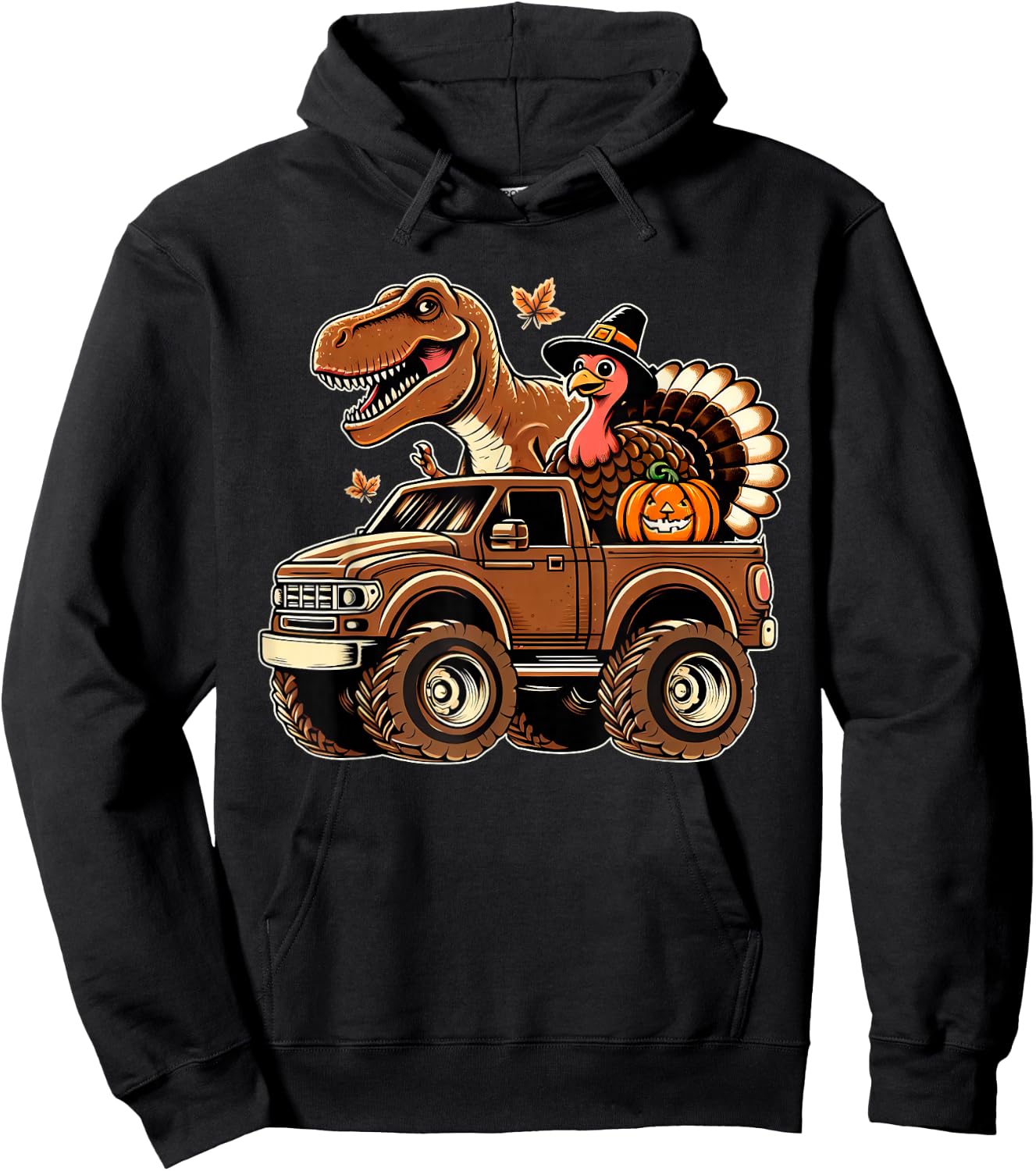 Happy Thanksgiving Dinosaur Turkey Riding Truck Kids Boys Hoodie - Hoodie | Black