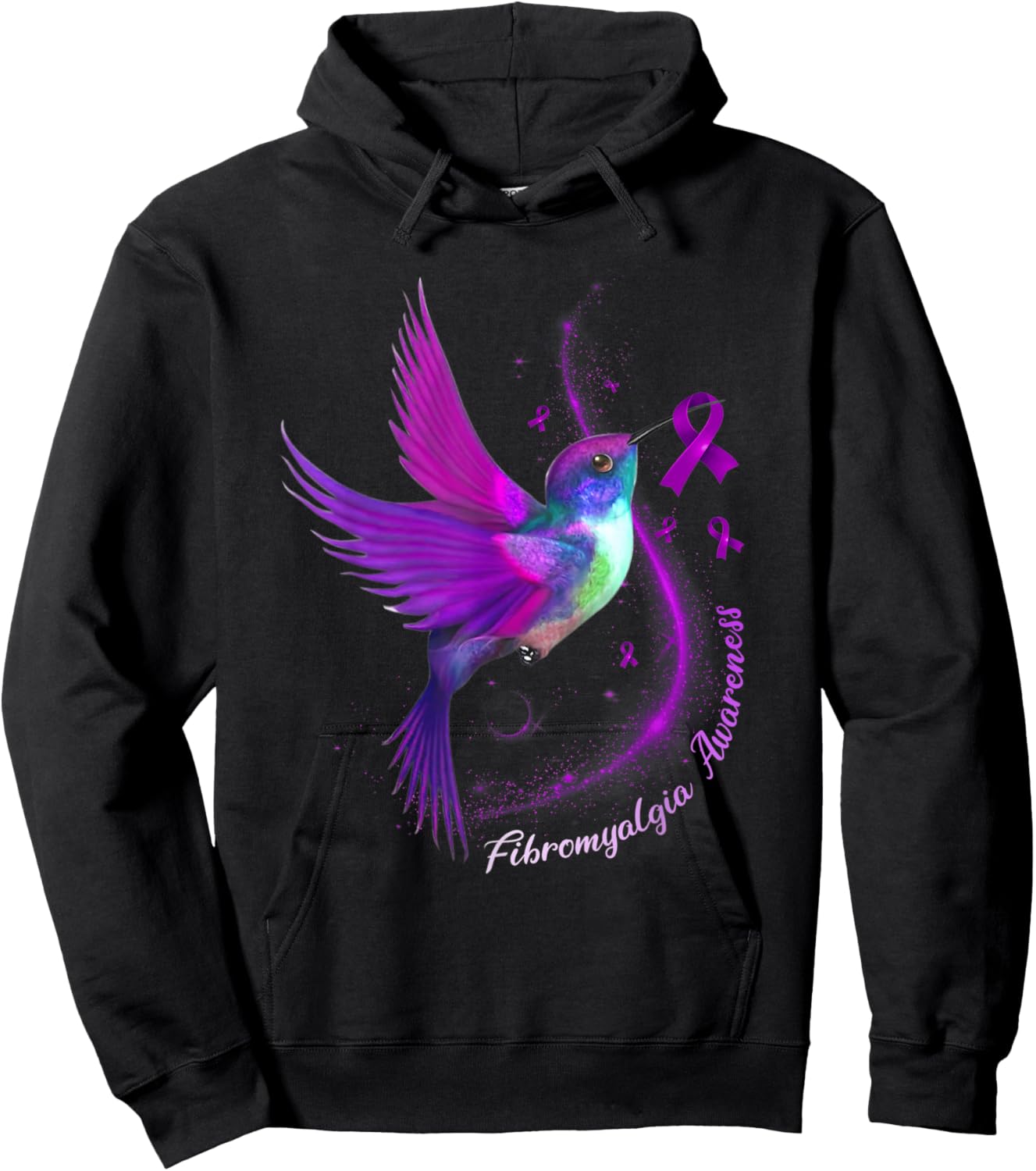 Purple Ribbon Hummingbird Fibromyalgia Awareness Month Hoodie - Hoodie | Black