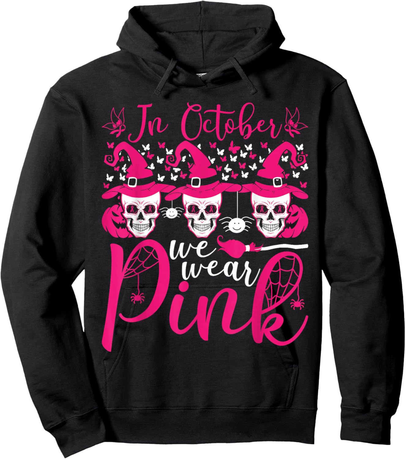 in October We Wear Pink Sugar Skull Breast Cancer Halloween Hoodie - Hoodie | Black