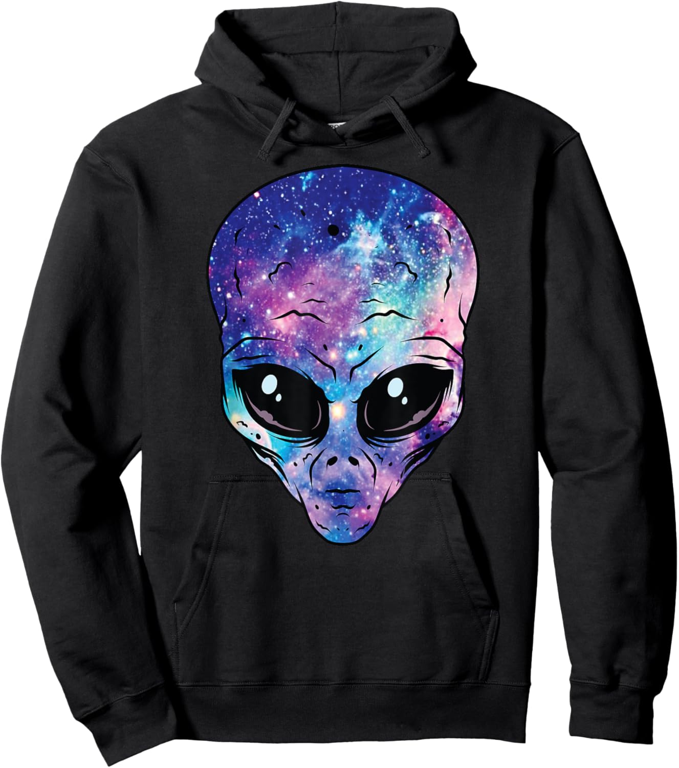 Alien Head Face Starry Night Sky UFO Hunter Space Graphic Hoodie - Hoodie | Black