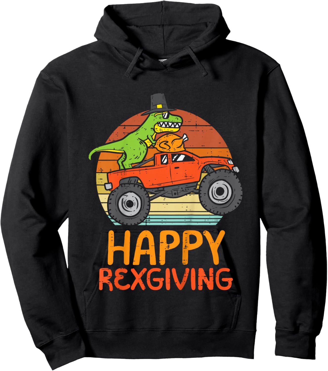Kids Trex Monster Truck Happy Rexgiving Thanksgiving Boys Kids Hoodie - Hoodie | Black