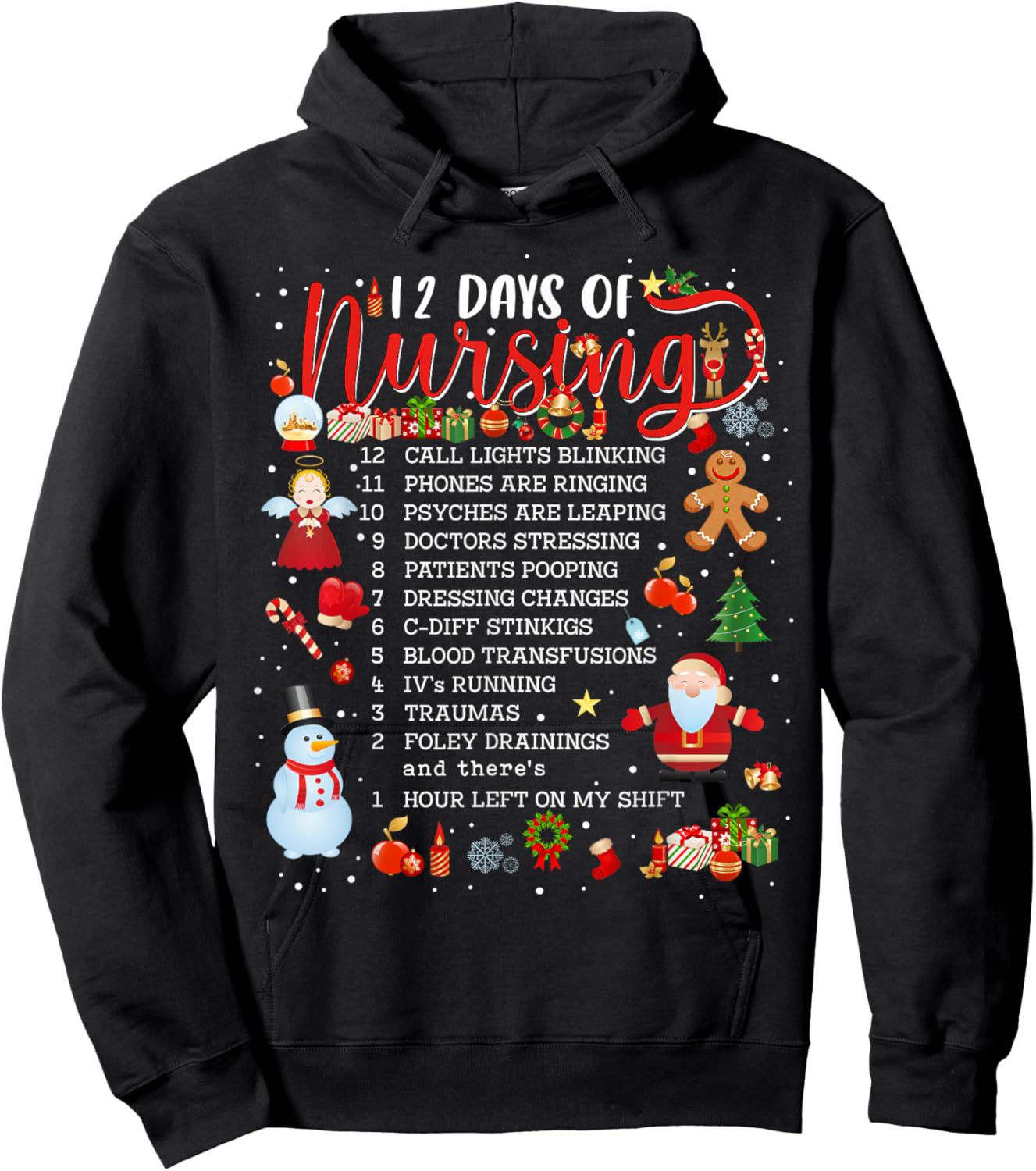 Nurses Merry Christmas Nurse Funny 12 Days of Nursing Xmas Hoodie - Hoodie | Black