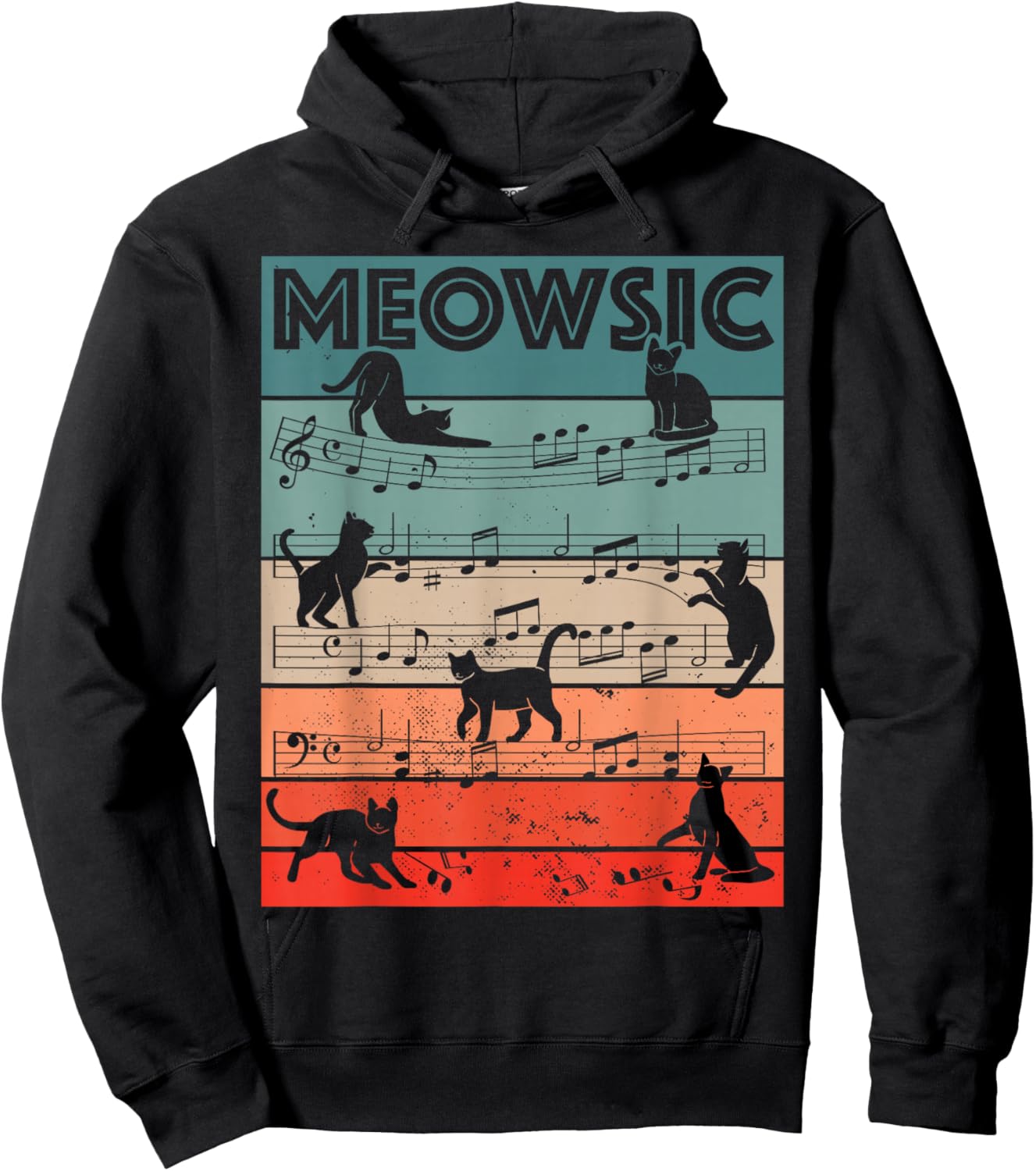 Meowsic Retro Cat Music Notes Musician Pet Lover Design Hoodie - Hoodie | Black