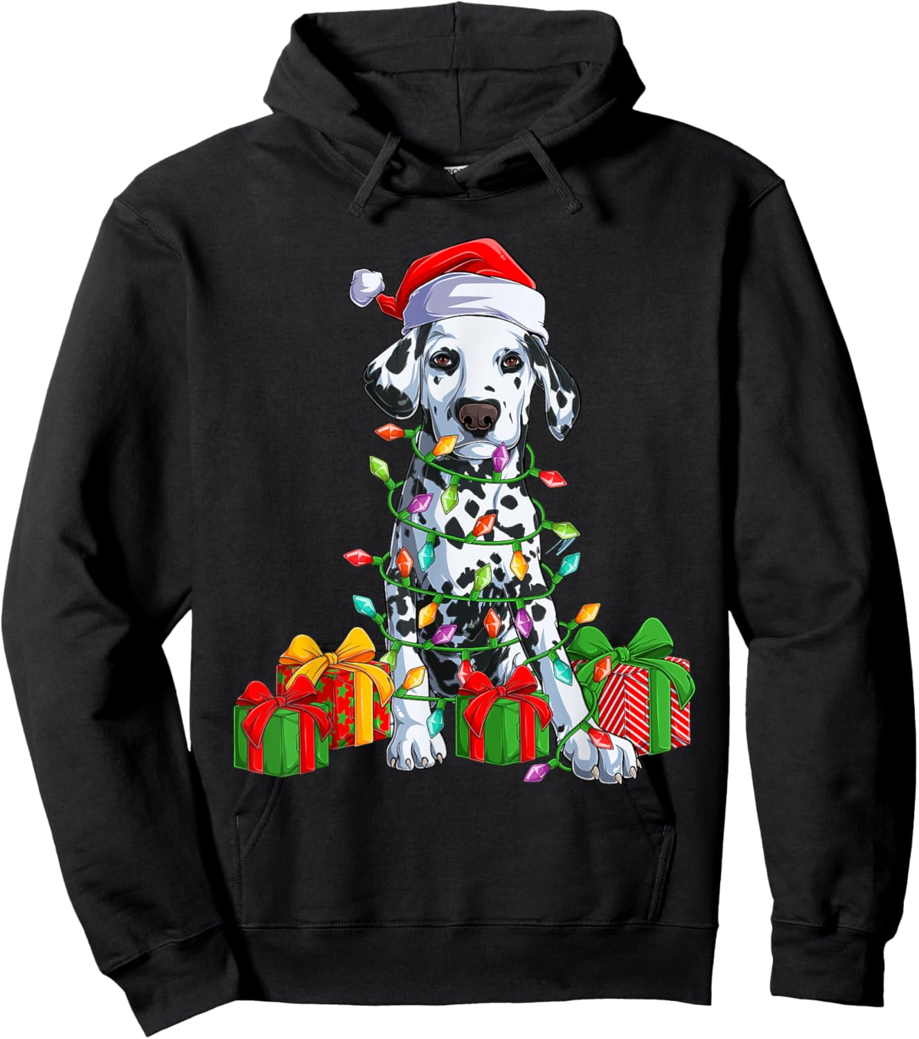 Christmas Dalmatian Christmas Tree Lights & Santa Hat Xmas Hoodie - Hoodie | Black