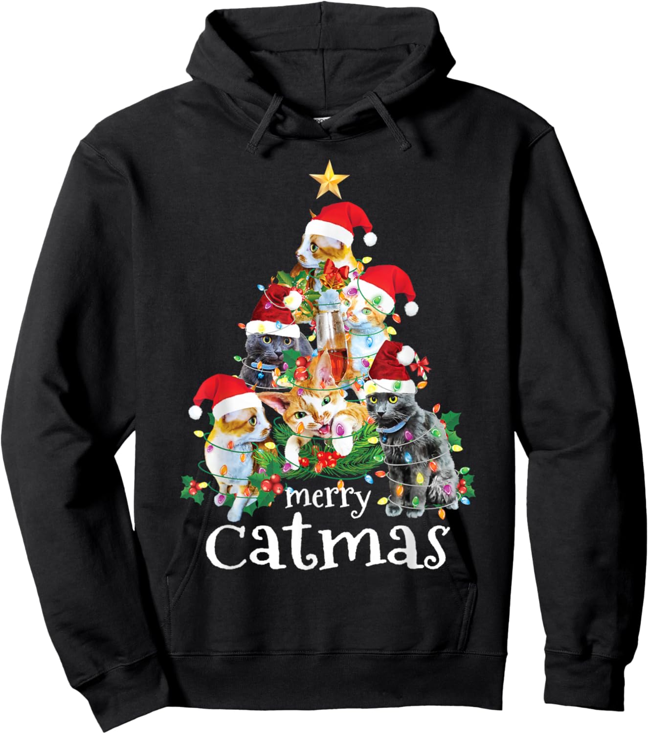 Merry Catmas Cat Mom Cat Dad Funny Christmas Tree Cat Hoodie - Hoodie | Black