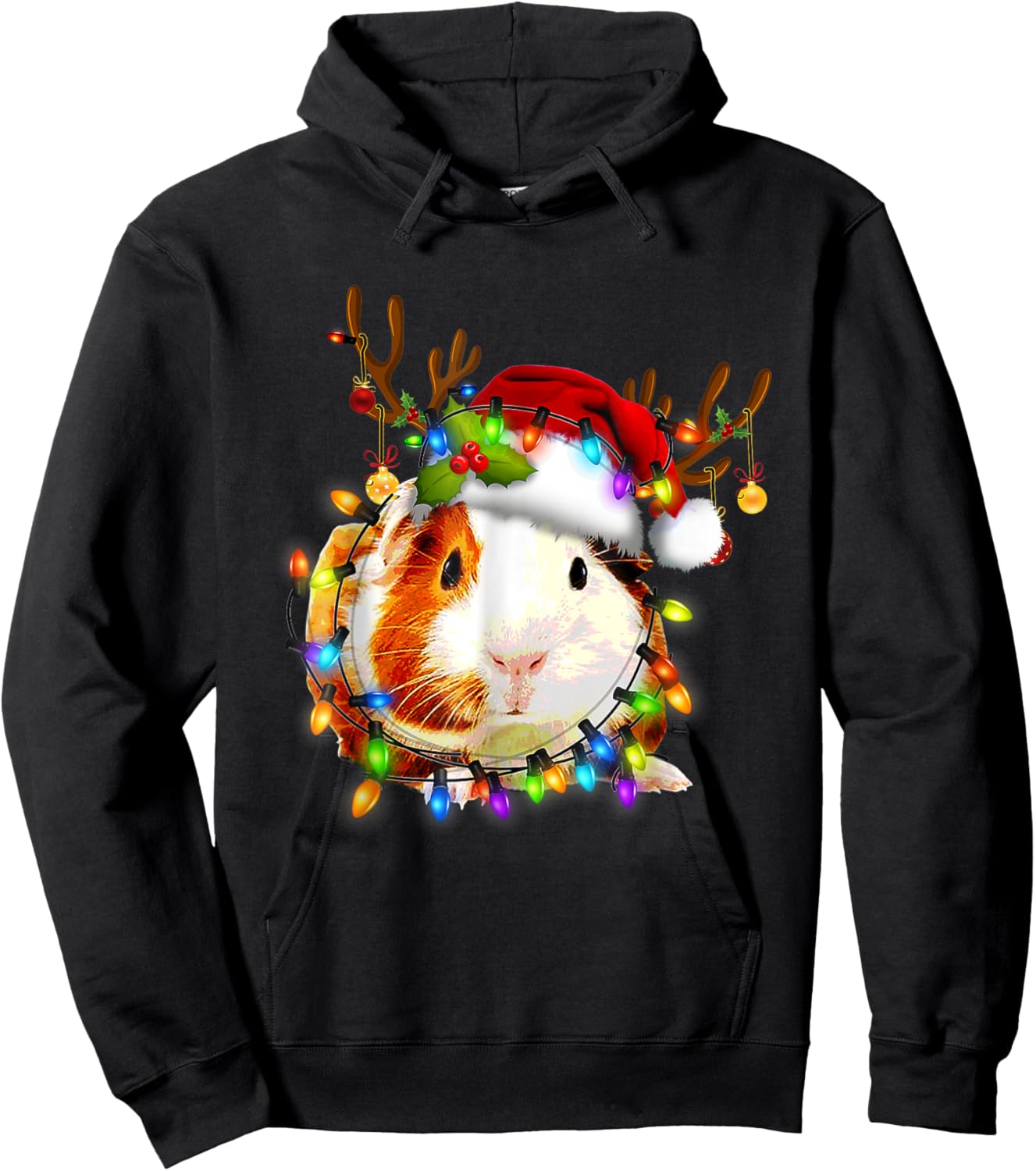 Funny Guinea Pig Christmas Reindeer Christmas Lights Pajama Hoodie - Hoodie | Black