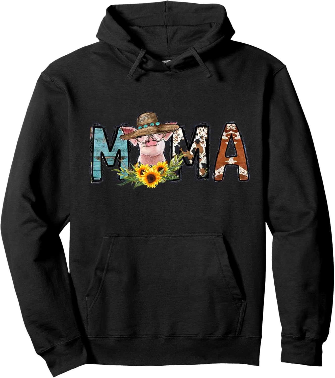 Pig Mama Pig Mom Sunflower Country Farm Life Cowhide Hoodie - Hoodie | Black