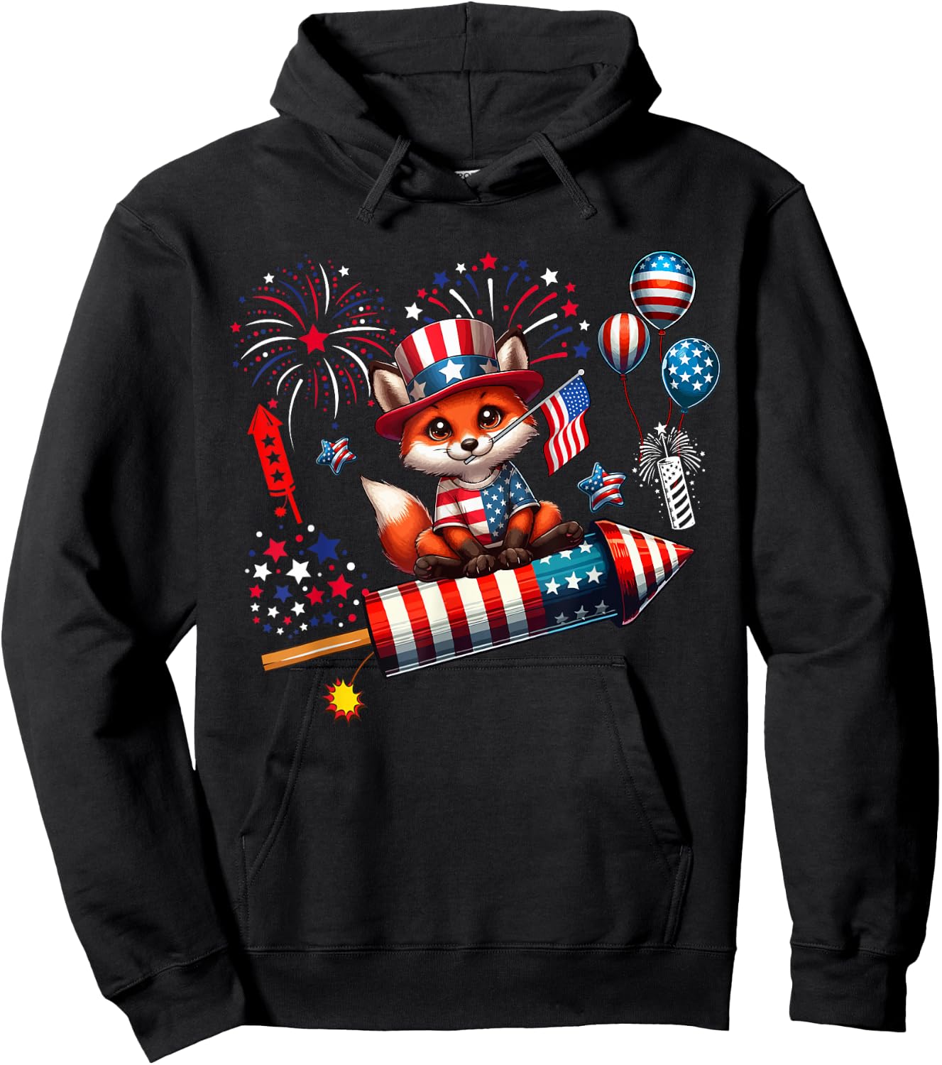 Fox Riding Firecracker US Flag 4th Of July Fireworks Hoodie - Hoodie | Black