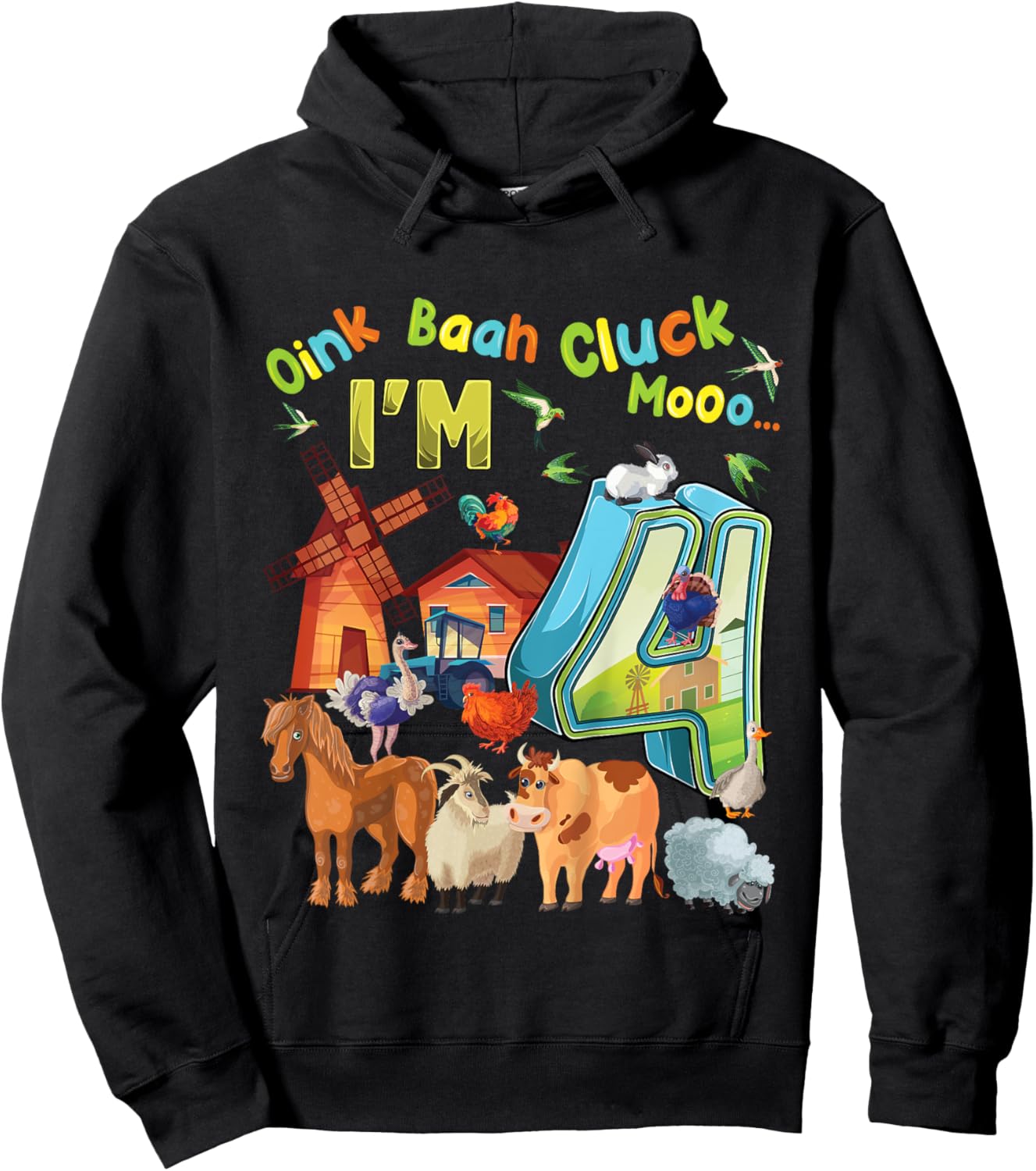 Barnyard 4th Birthday Farm Animals 4 Years Old Farming Hoodie - Hoodie | Black