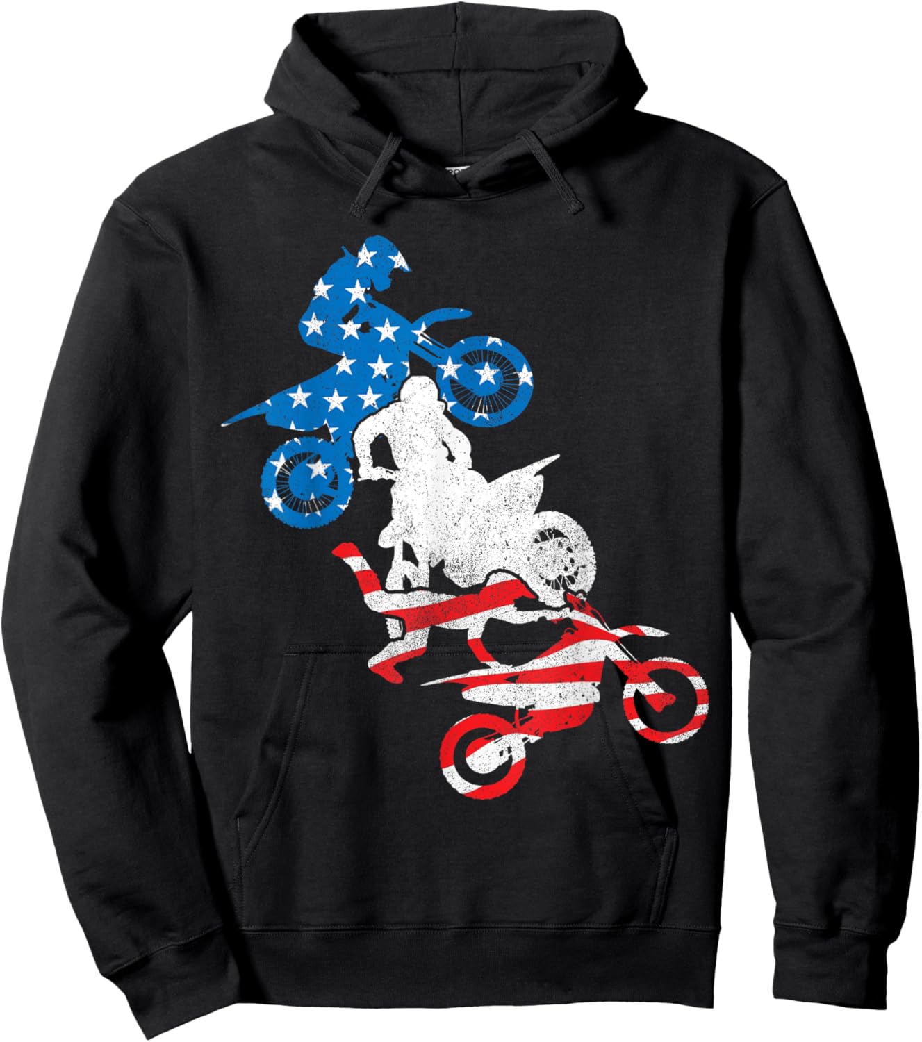 Dirt Bike Rider Blue White Red US Flag Motocross 4th of July Hoodie - Hoodie | Black