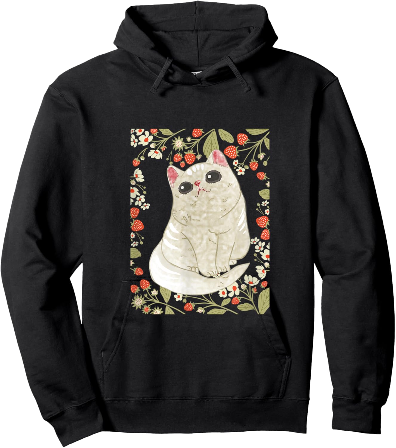 Cute Cat with Strawberry and Flower Hoodie - Hoodie | Black
