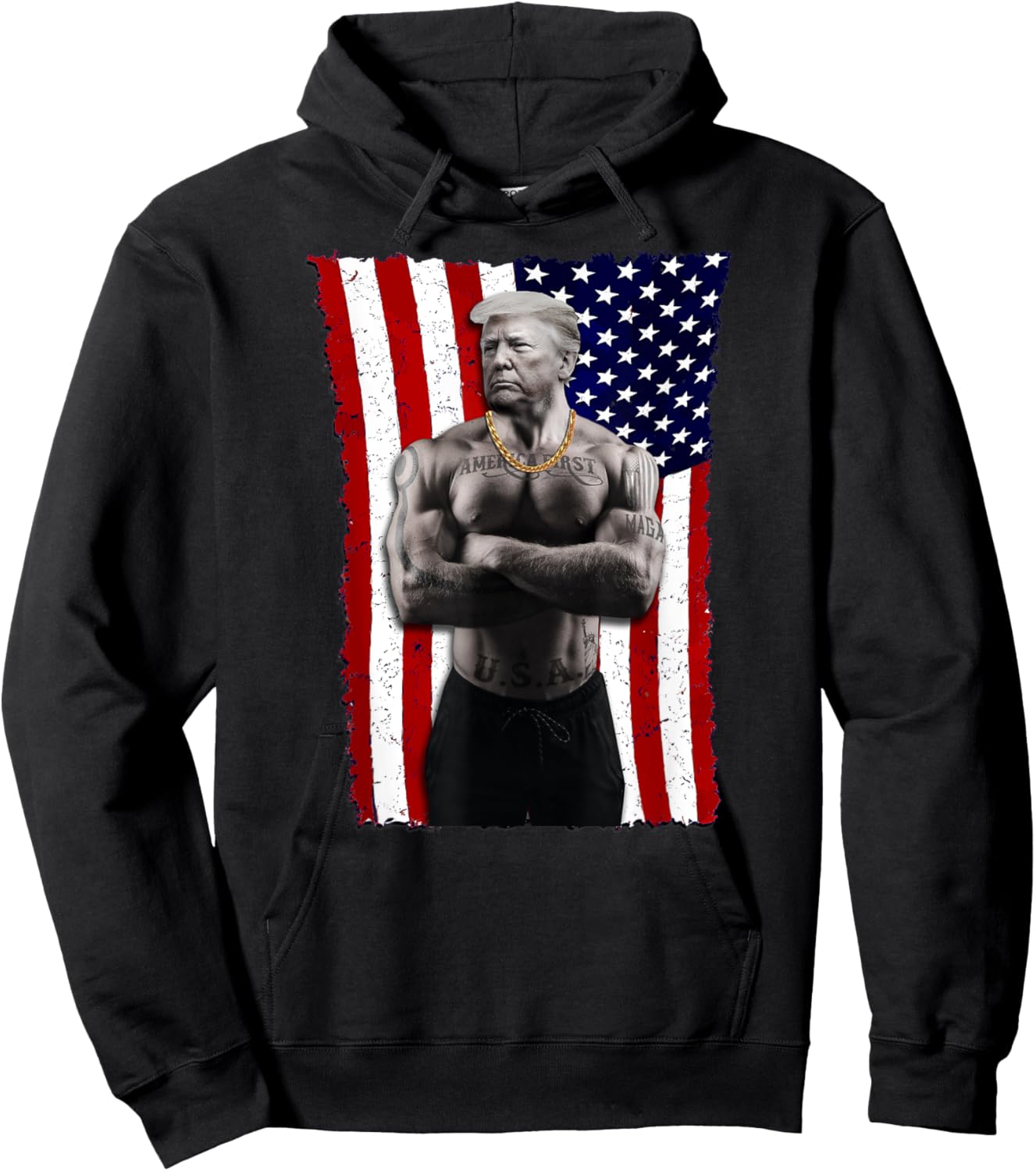 Gangster Pro Donald Trump Tattoo Republican American Flag v4 Hoodie - Hoodie | Black
