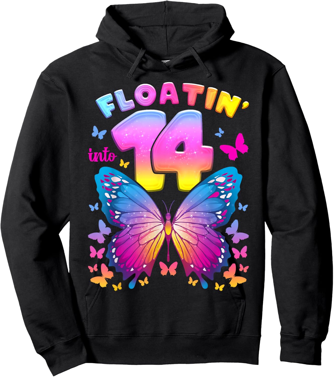 14th Birthday Girl 14 Years Butterfly Number 14 Hoodie - Hoodie | Black