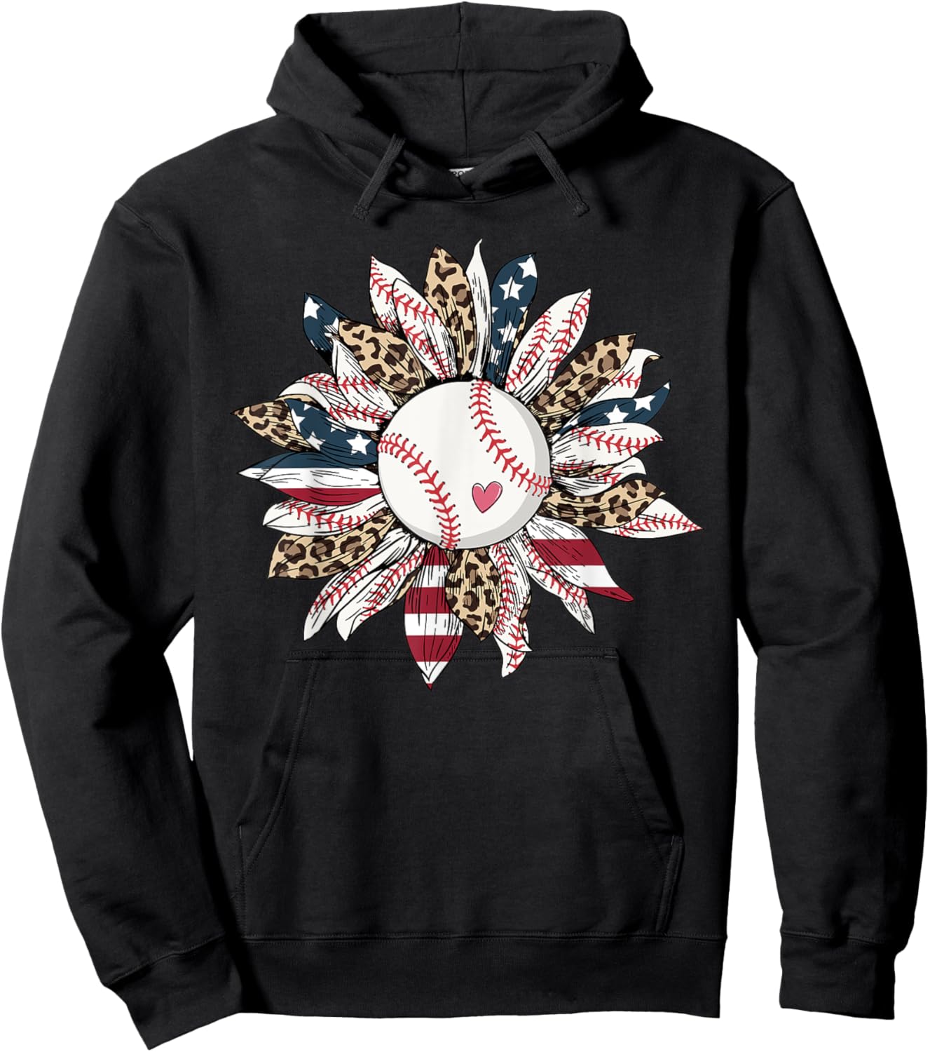Baseball American Flag Leopard Sunflower Graphic 4th of July Hoodie - Hoodie | Black