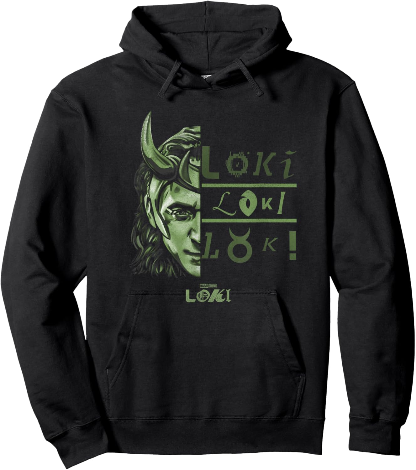 Marvel Loki Split Face Loki Logo Stack Hoodie - Hoodie | Black