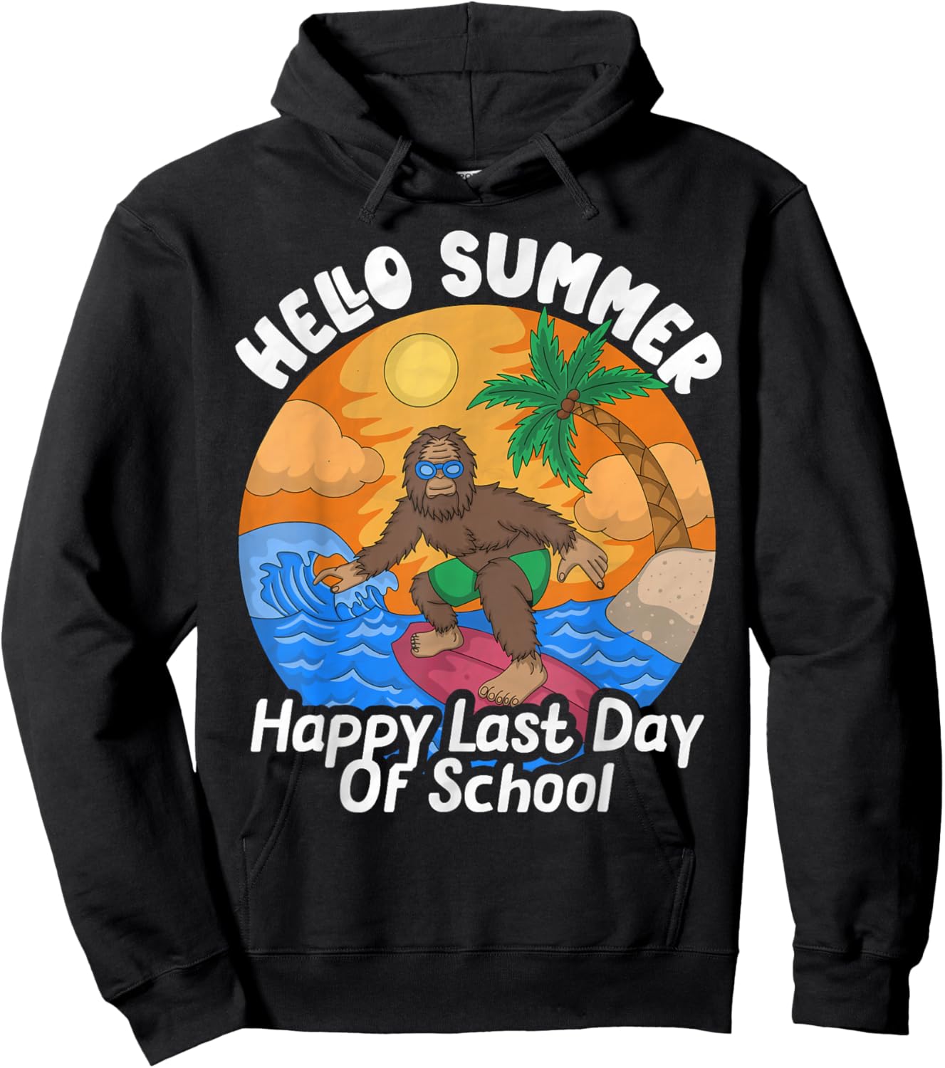 Big Foot Sasquatch Kids Hello Summer Surfing Last Day School Hoodie - Hoodie | Black