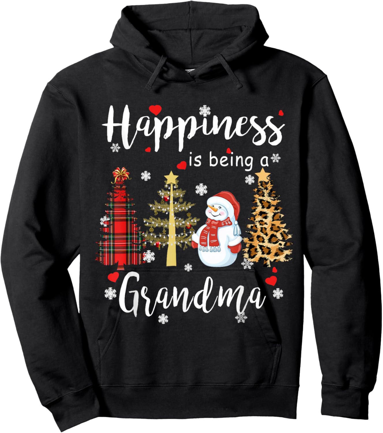 Happiness is being a Grandma Christmas Plaid Tree Snowman Hoodie - Hoodie | Black
