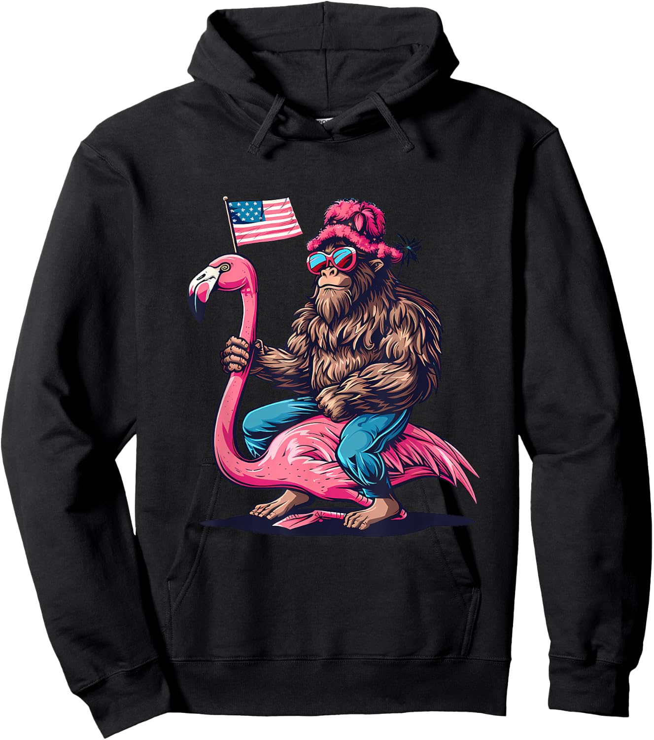 4th Of July Funny Bigfoot Flamingo American Flag USA Hoodie - Hoodie | Black