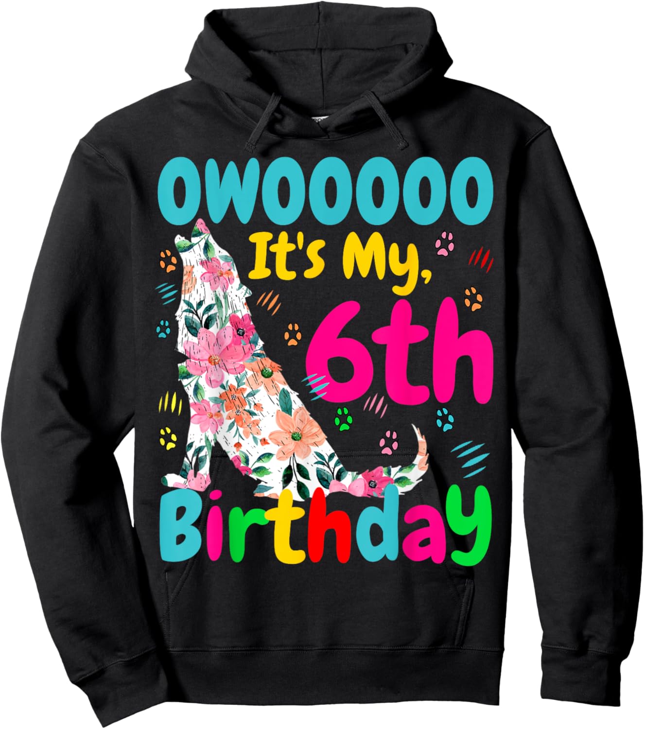 Floral Howling Watercolour Wolf 6th Years Wolves Birthday Hoodie - Hoodie | Black