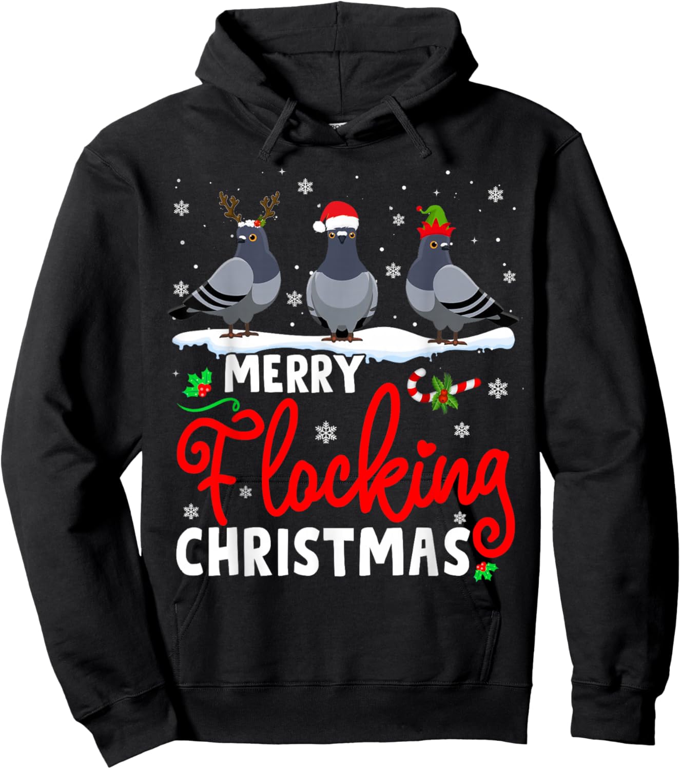 Merry Flocking Christmas Reindeer Santa ELF Pigeon Xmas Hoodie - Hoodie | Black