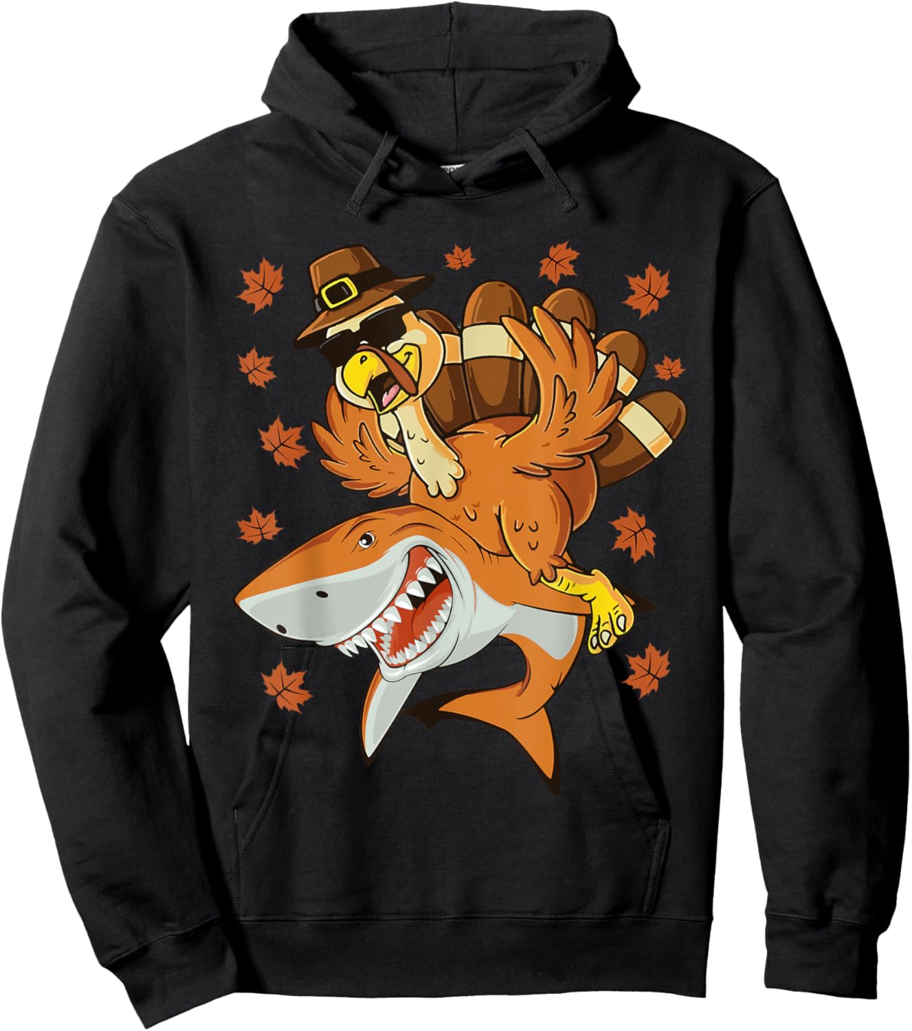 Thanksgiving Turkey Riding Shark Funny Toddler Boys Kids Hoodie - Hoodie | Black
