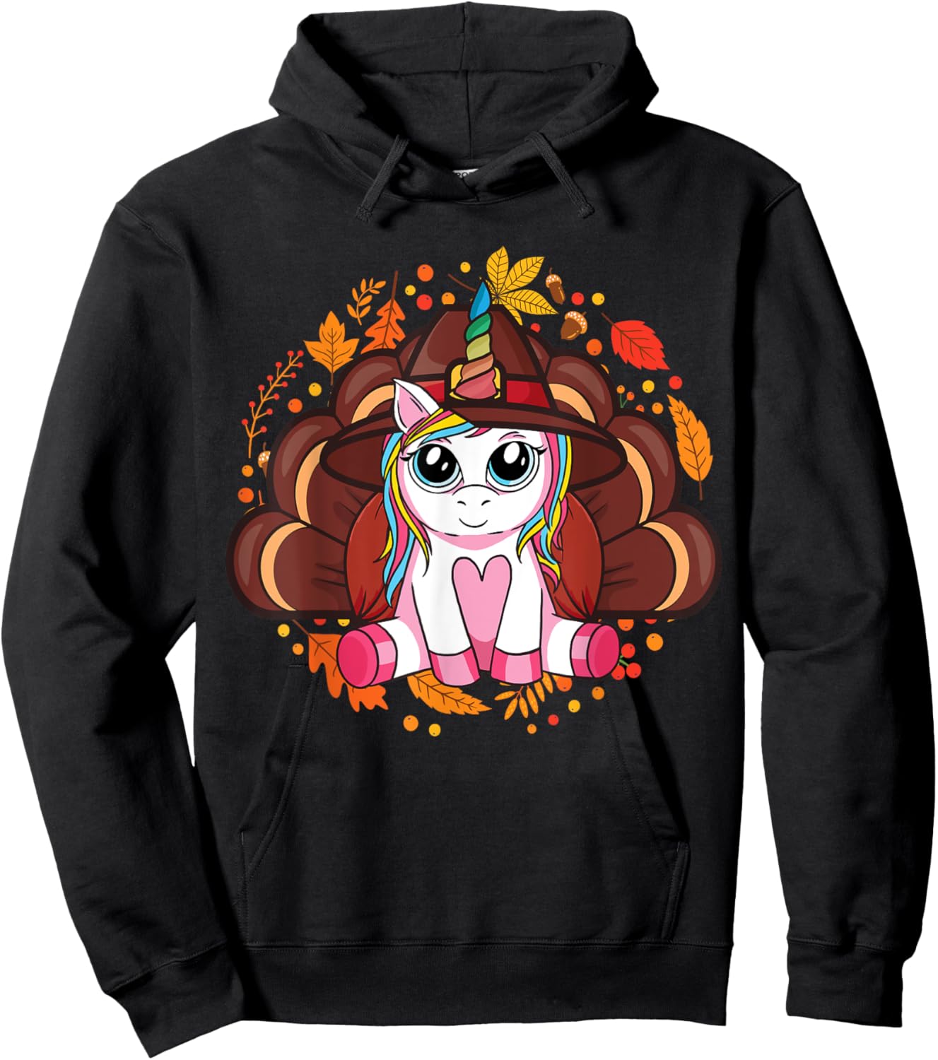 Cute Thanksgiving Girls Kids Toddler Turkey Unicorn Hoodie - Hoodie | Black