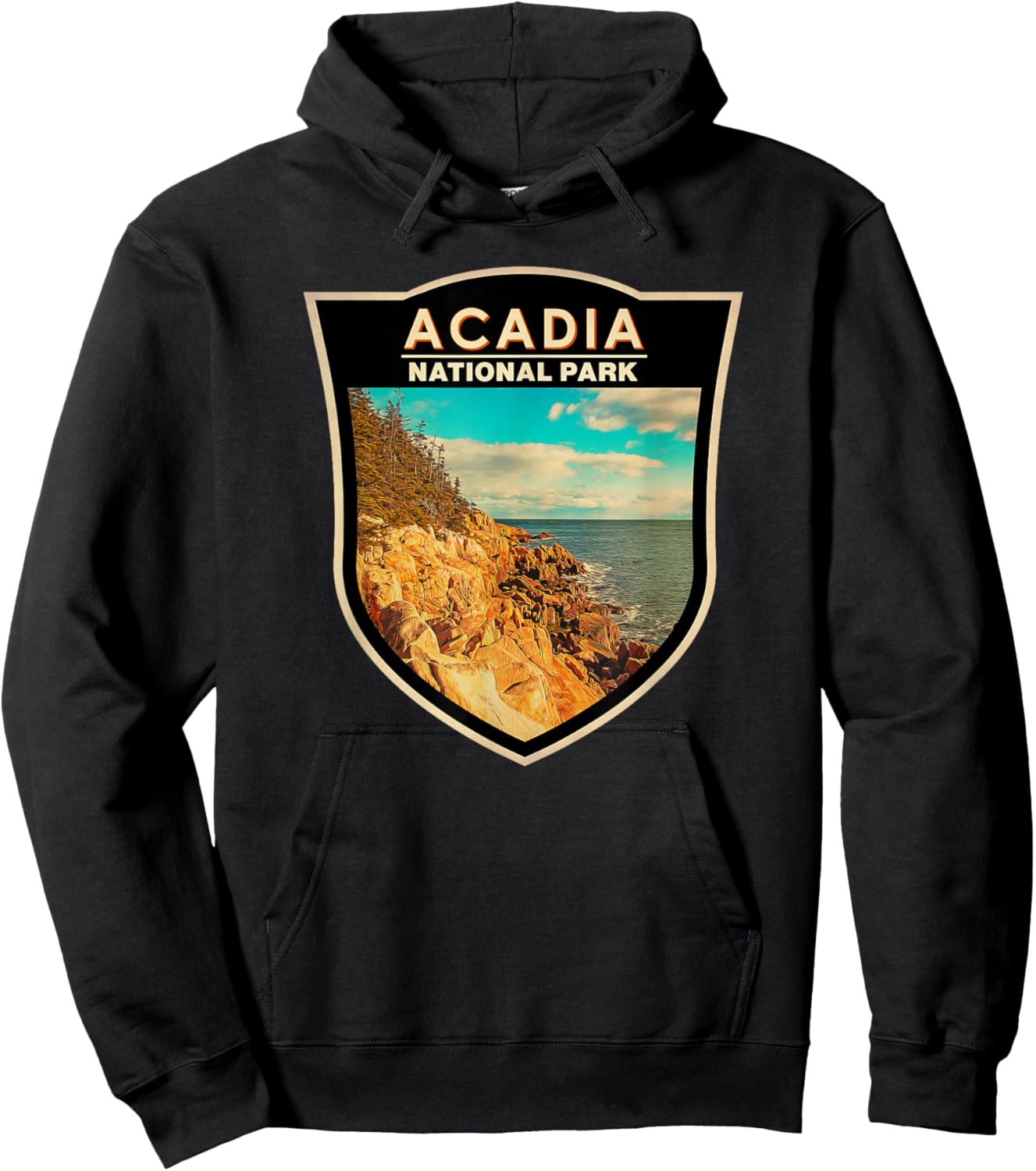 Acadia National Park Maine Bar Harbor Watercolor Badge Hoodie - Hoodie | Black