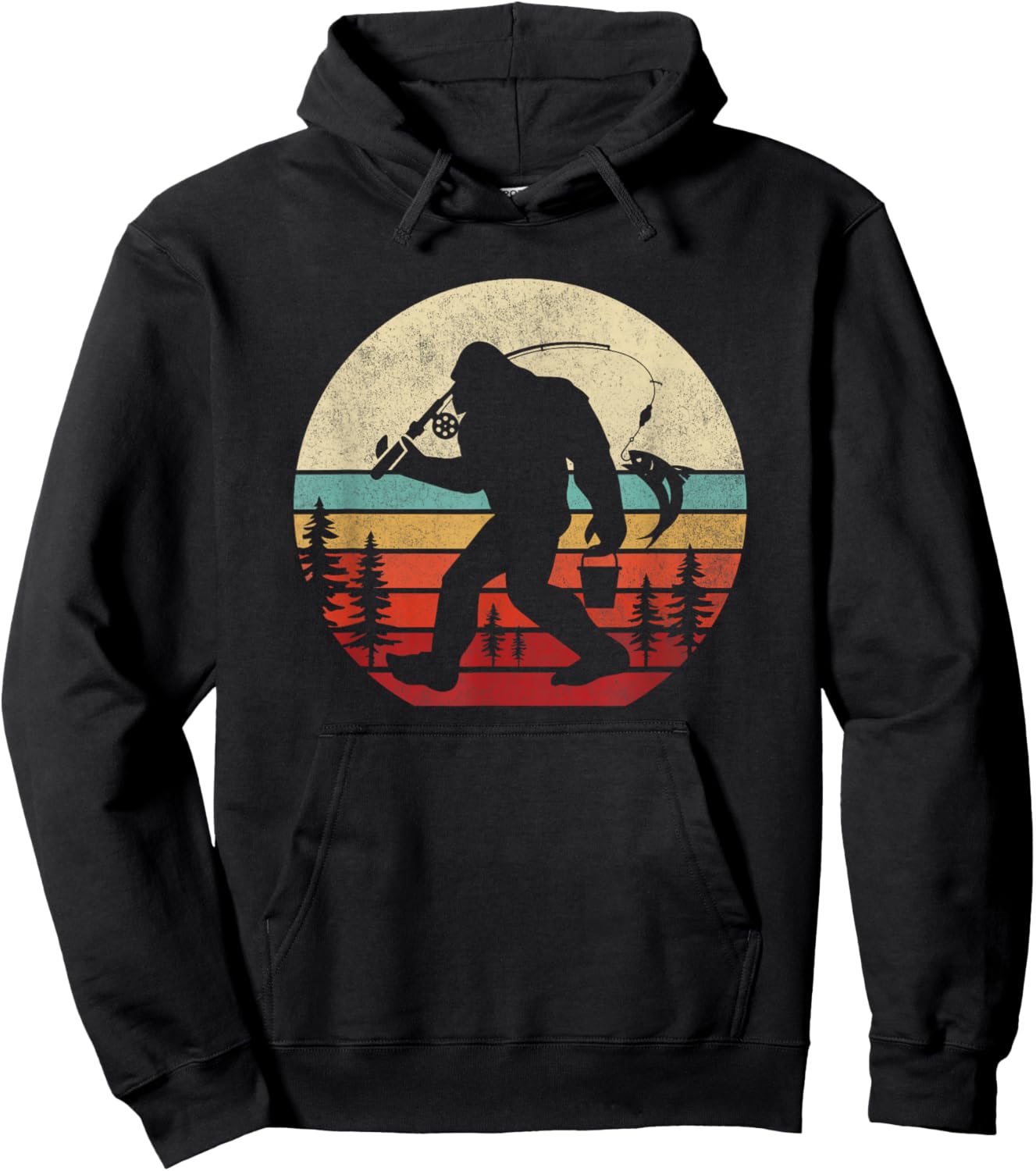 Bigfoot Fishing Funny Retro Sasquatch Dad Men Kids Hoodie - Hoodie | Black