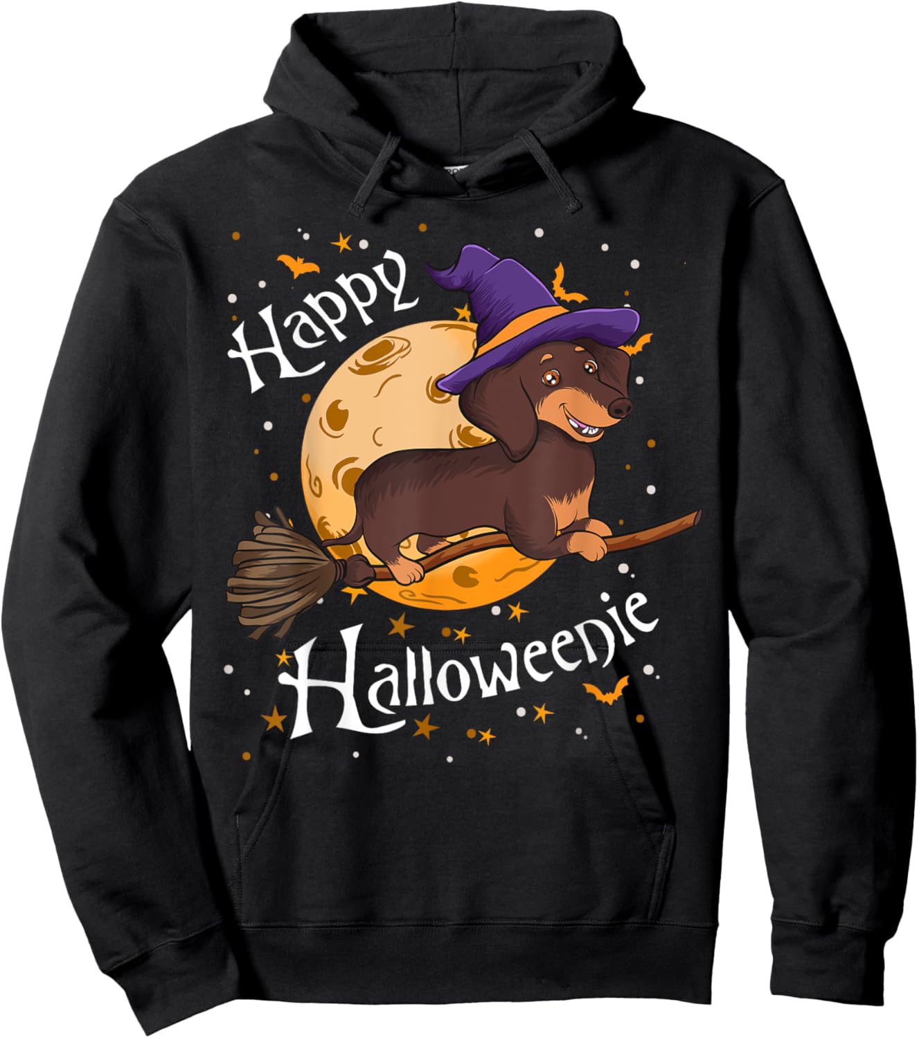 Happy Halloweenie Dachshund Dog Halloween Witch Wiener Broom Men Women Kids Hoodie - Hoodie | Black