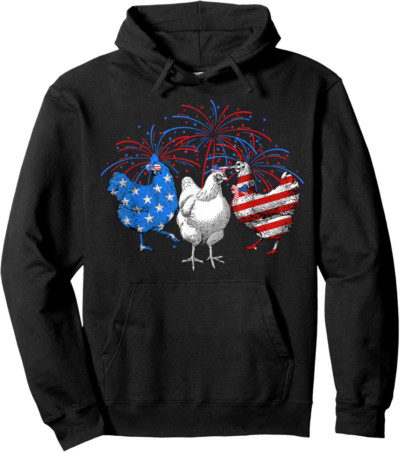 USA Flag Chicken Fireworks Patriotic 4th of July Women Kids Men Hoodie - Hoodie | Black