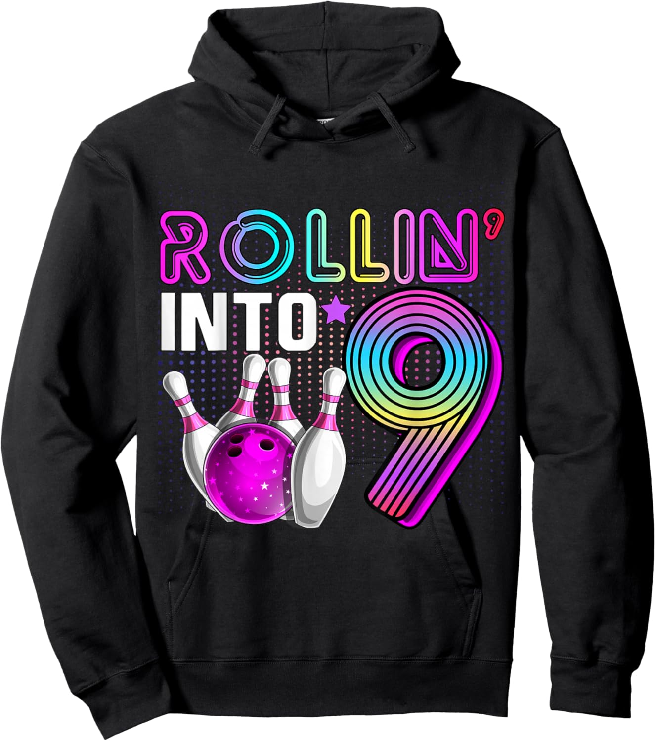 Rollin into 9 Bowling Birthday Party 9th Birthday Retro Girl Hoodie - Hoodie | Black