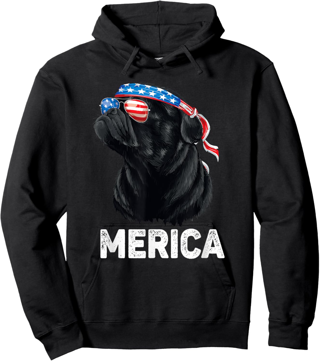 4th of July Dog Mom Dog Dad Merica USA Flag Funny Black Pug Women Kids Men Hoodie - Hoodie | Black