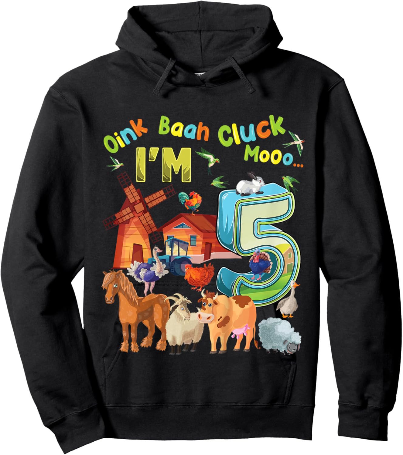 Kids Barnyard 5th Birthday Farm Animals 5 Years Old Farming Hoodie - Hoodie | Black