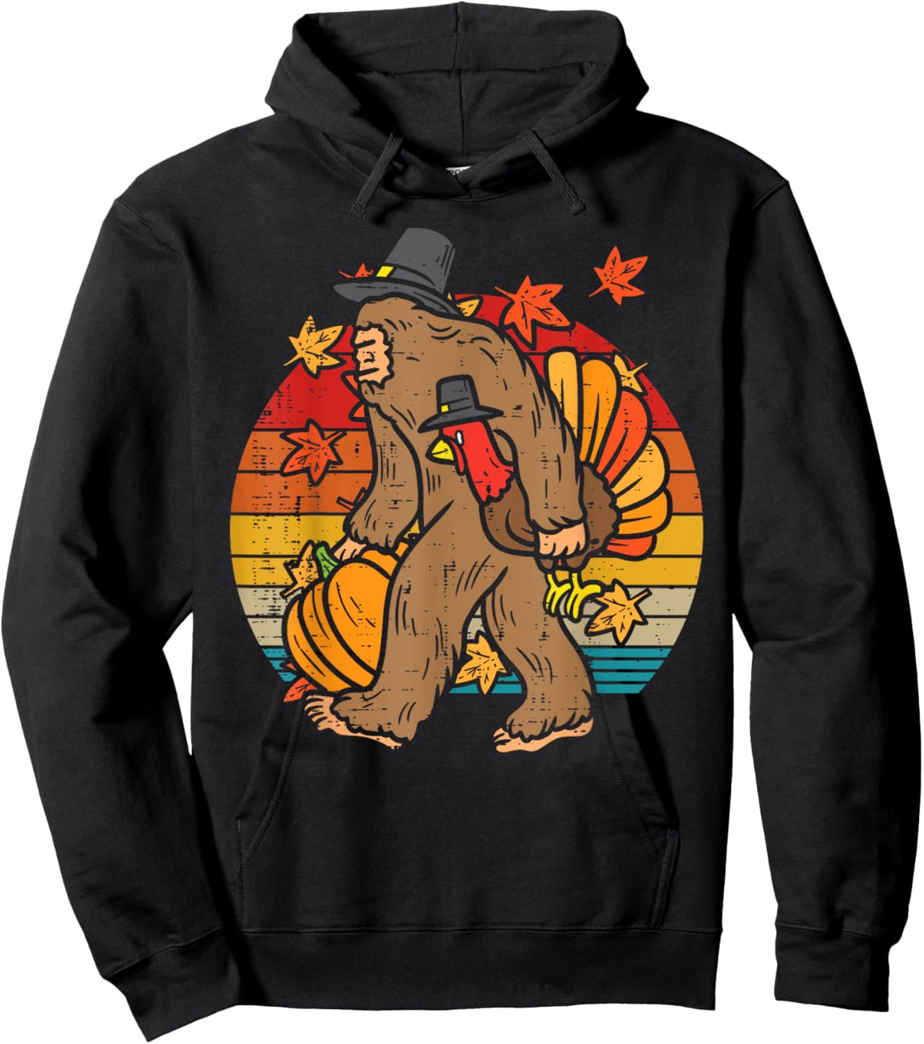 Pilgrim Bigfoot Turkey Retro Thanksgiving Sasquatch Men Hoodie - Hoodie | Black
