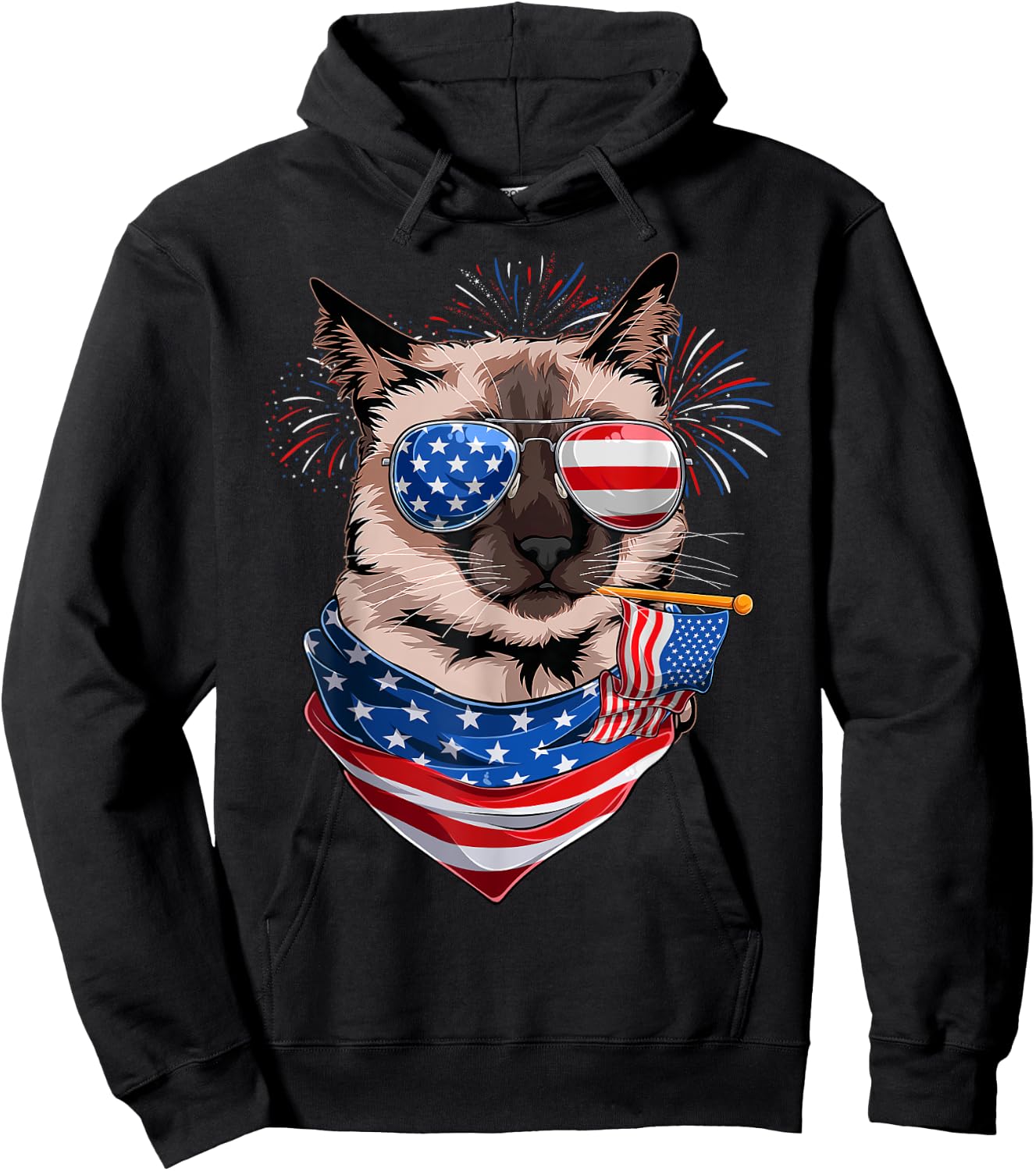 Funny Meowica Siamese Cat Lover Owner USA Flag 4th Of July Hoodie - Hoodie | Black