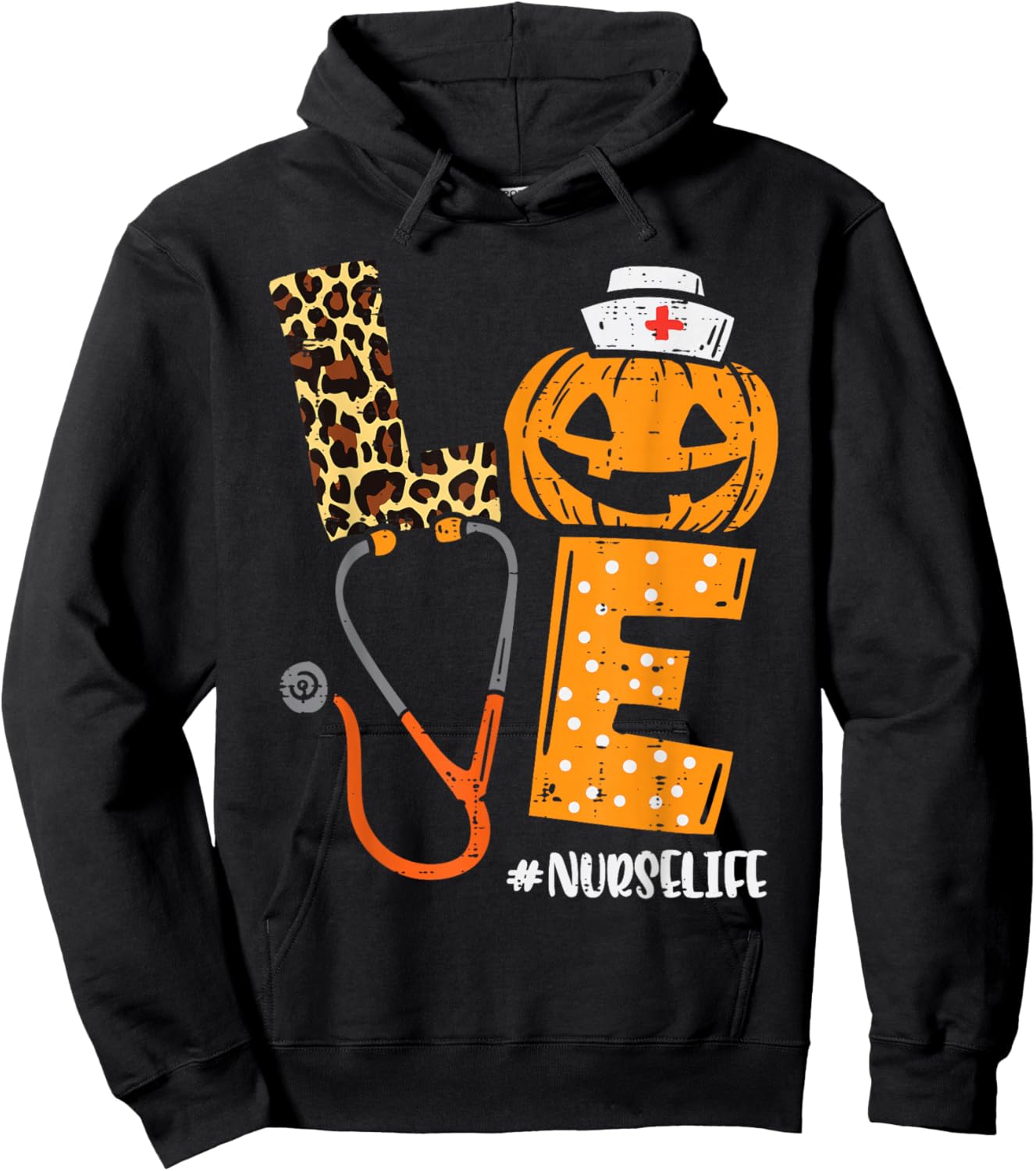 Love Nurse Pumpkin Leopard Fall Halloween Thanksgiving Women Hoodie - Hoodie | Black