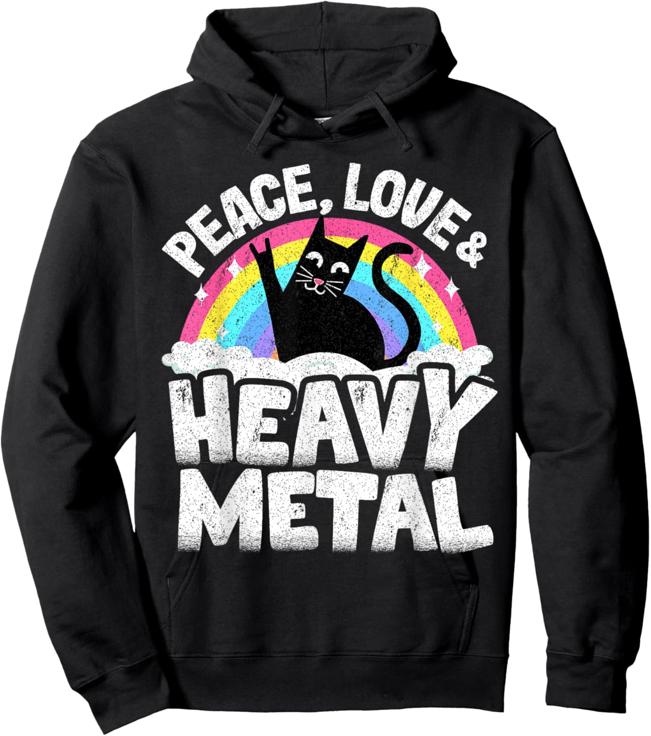 Peace Love & Heavy Metal Cat Kids Punk Band Metal Rainbow Hoodie - Hoodie | Black