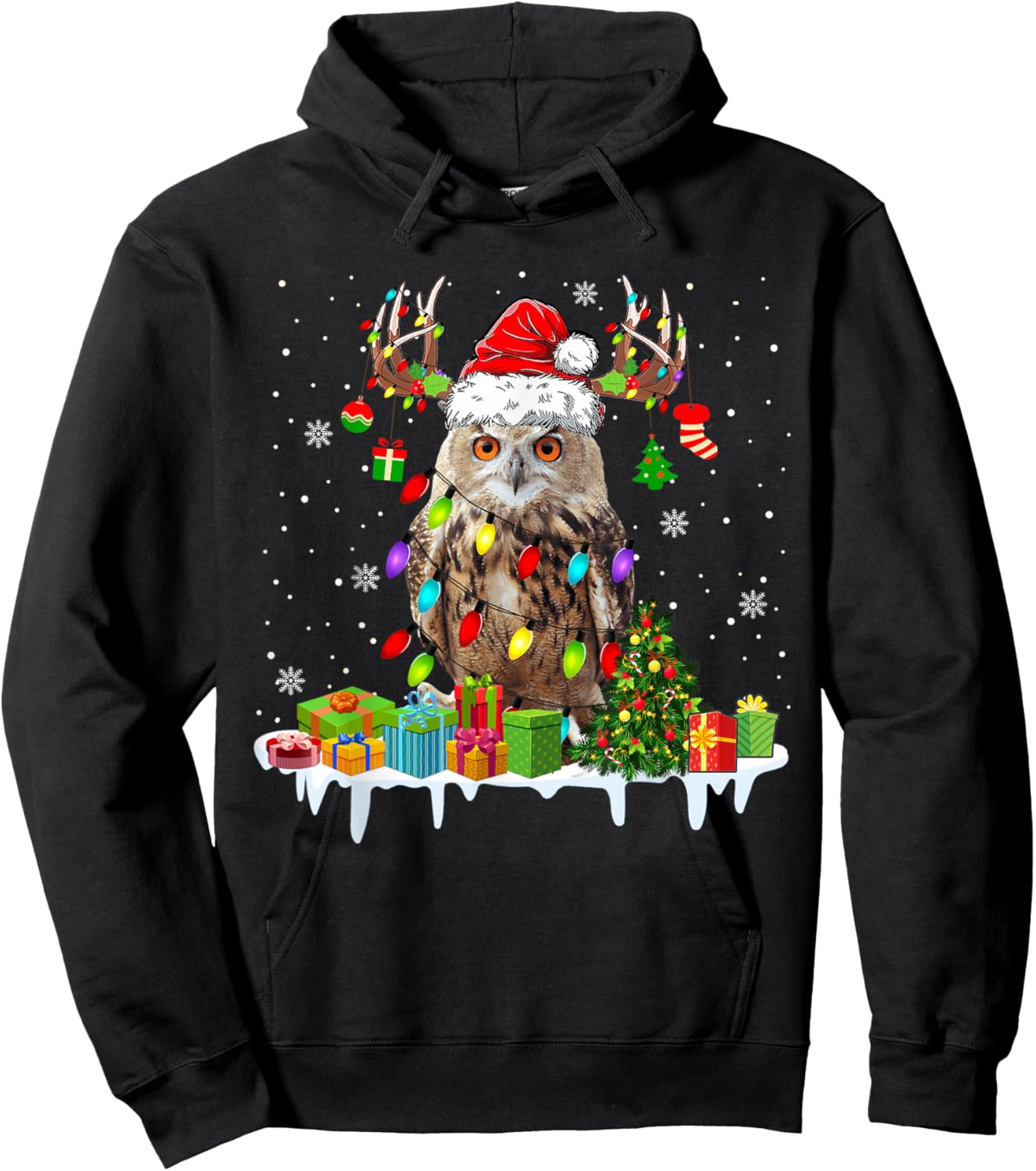 Christmas Owl Cute Christmas Lights Reindeer Santa Owl Lover Hoodie - Hoodie | Black