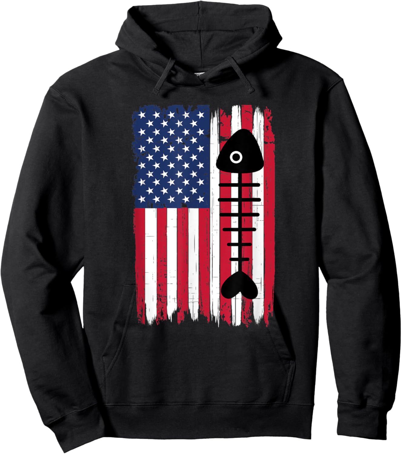 Dead Fish Bones Silhouette American Flag USA Patriotic Kids Men Hoodie - Hoodie | Black